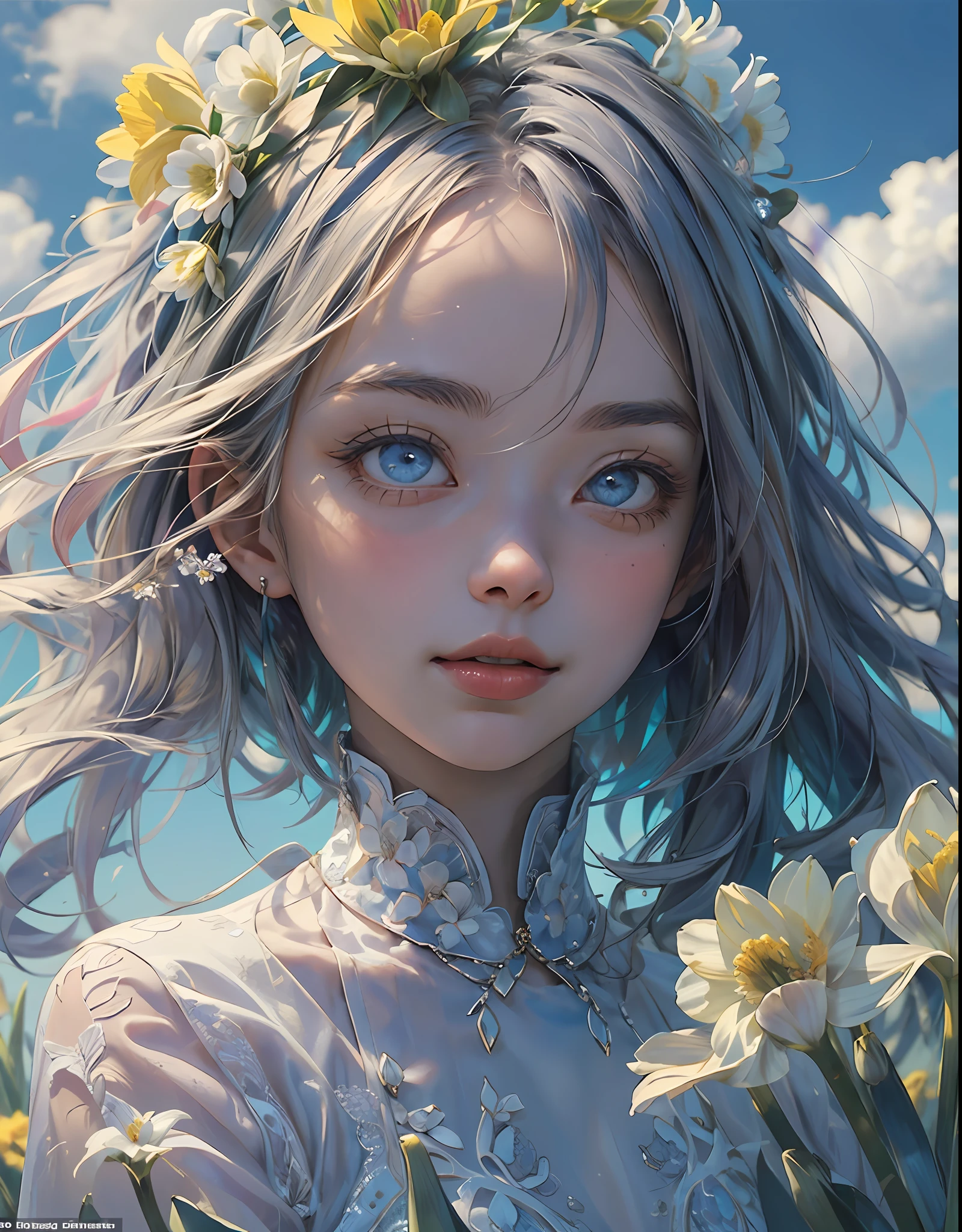 ((masterpiece,best quality)),(1girl, solo:1.4),beautiful detailed eyes, vivid, cloudy sky, flower, anemone \(flower\), daffodil, hyacinth,falling petals,