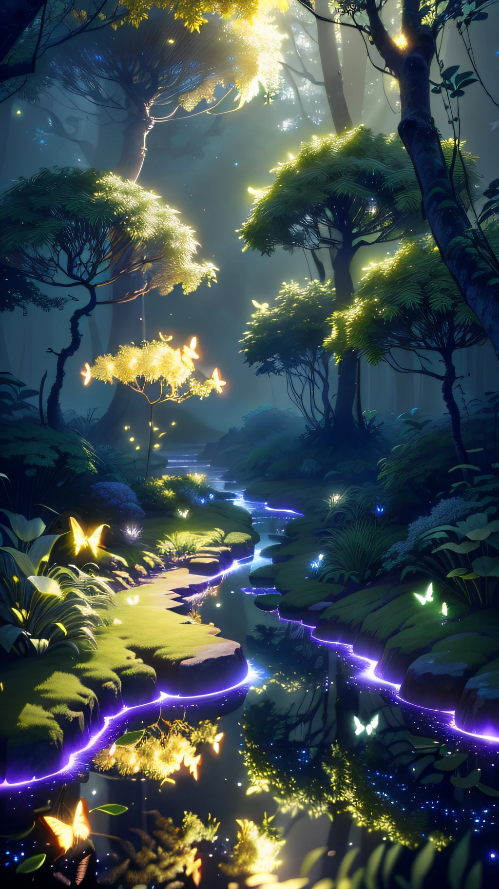 A masterpiece, the best quality, stunning reflections, the best reflections ever. (very detailed CG unity 8k wallpapers), (best quality), (best illustrations), (best shadows), forest theme with natural elements. Tall trees, quiet streams, small glowing mushrooms surrounded by delicate leaves and branches, with fireflies and glowing particle effects,, (natural elements), (jungle theme), (leaves), (twigs), (fireflies), butterflies, (delicate leaves), (glow), (particle effects). , Isometric 3D, Octane Rendering, Ray Traced, Super Detailed
