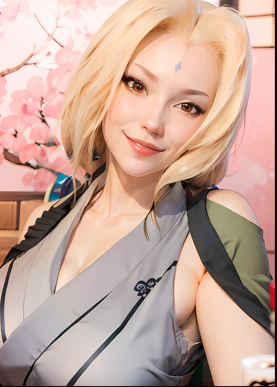 (bestquality,masterpiece), TsunadeNS, solo, japanese_clothes, breasts, large_breasts, kimono, cleavage, smile, lips, bare_shoulders, indoors, alcohol, bottle, sake_bottle, cup, holding, off_shoulder, indoor background, realistic, ultra detail
