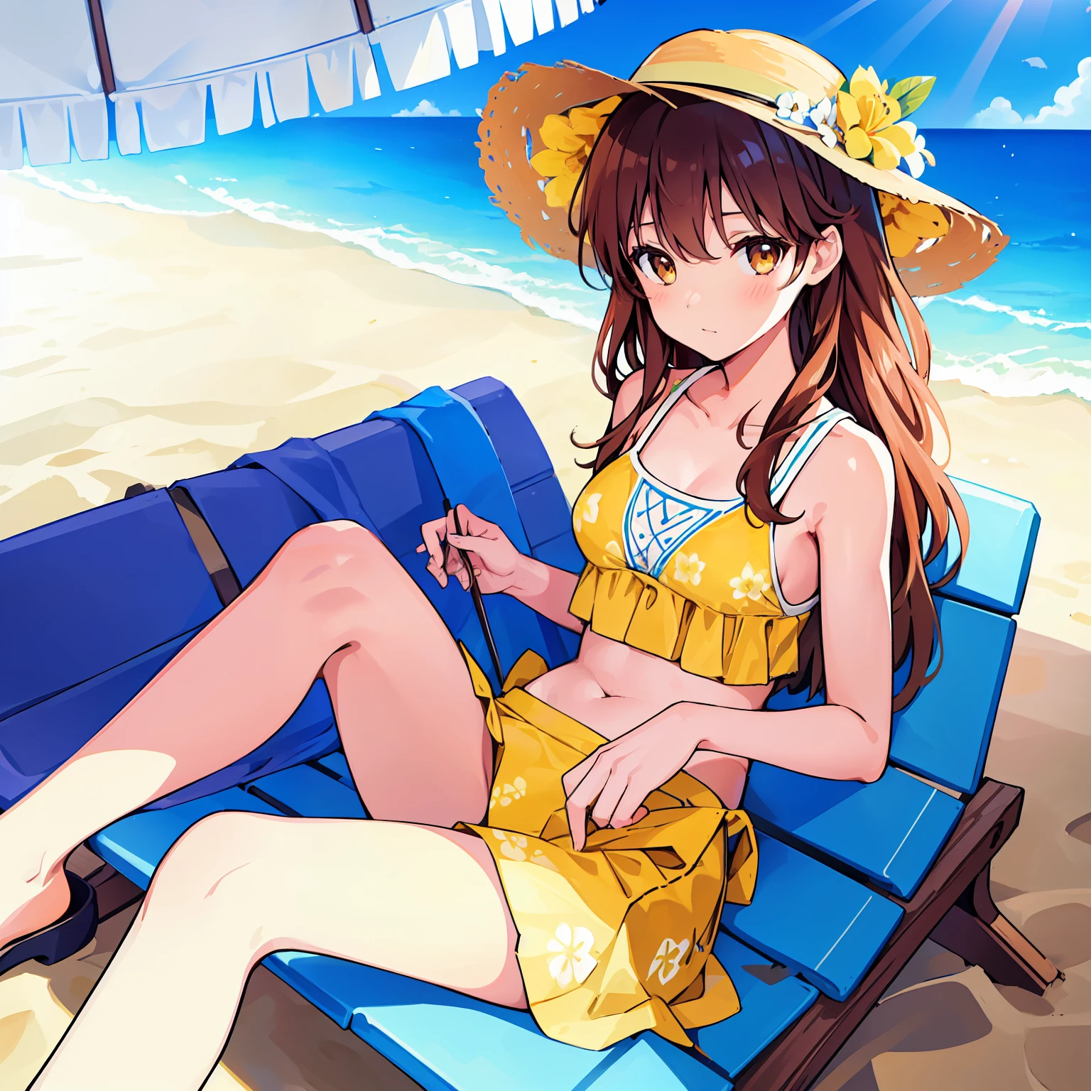 1 girl, long hair, brown hair, wavy upper-back length, brown eyes, Women's yellow bikini with flowers pattern, wear beach straw hat, outdoor, sitting under beach umbrella, beach background