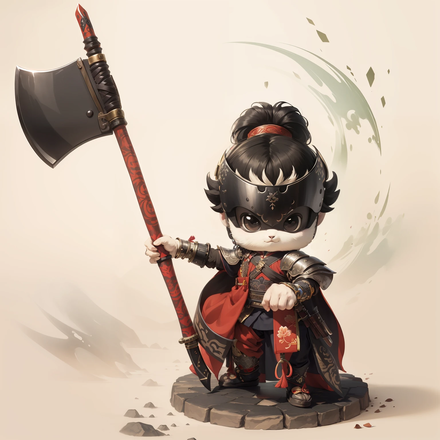 male people,Male characters,tchibi,Bad,Arms,Axe weapons,Ancient Chinese weapons,The handle has a delicate pattern,Shoulder blades,metal breastplate,chainmail,Animal pattern cuirass,chest plate,Bracers,Flowing hem,China-style,Chinese-style clothing,Chinese shoes,There are beautiful patterns on the weapon grips,Refinement,Fine painting,Refinement,infinite details,high definition detail,Patterned,Pattern,Blank background,Bright colors,Metal edging