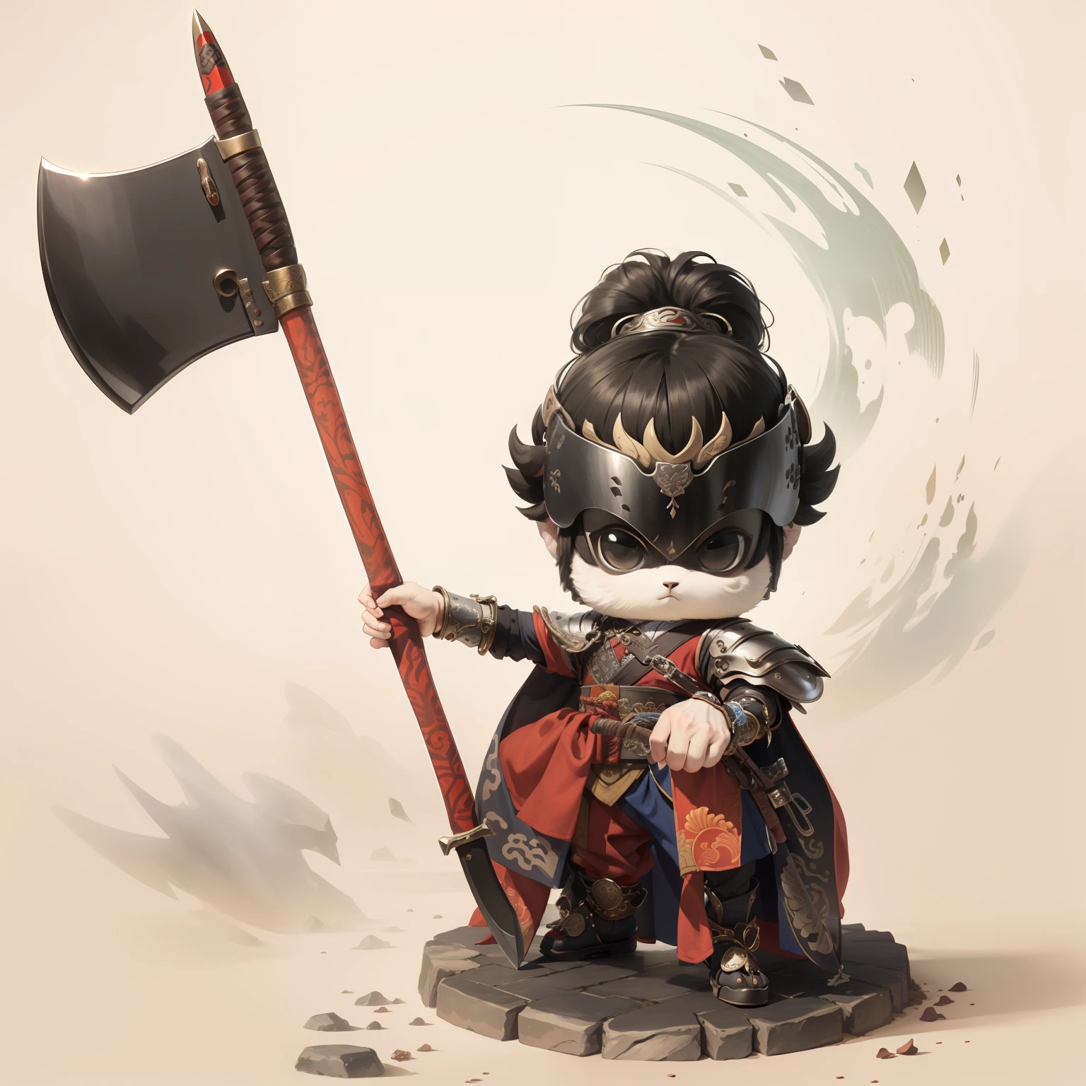 male people，Male characters，tchibi，Bad，Arms，Axe weapons，Ancient Chinese weapons，The handle has a delicate pattern，Shoulder blades，metal breastplate，chainmail，Animal pattern cuirass，chest plate，Bracers，Flowing hem，China-style，Chinese-style clothing，Chinese shoes，There are beautiful patterns on the weapon grips，Refinement，Fine painting，Refinement，infinite details，high definition detail，Patterned，Pattern，Blank background，Bright colors，Metal edging