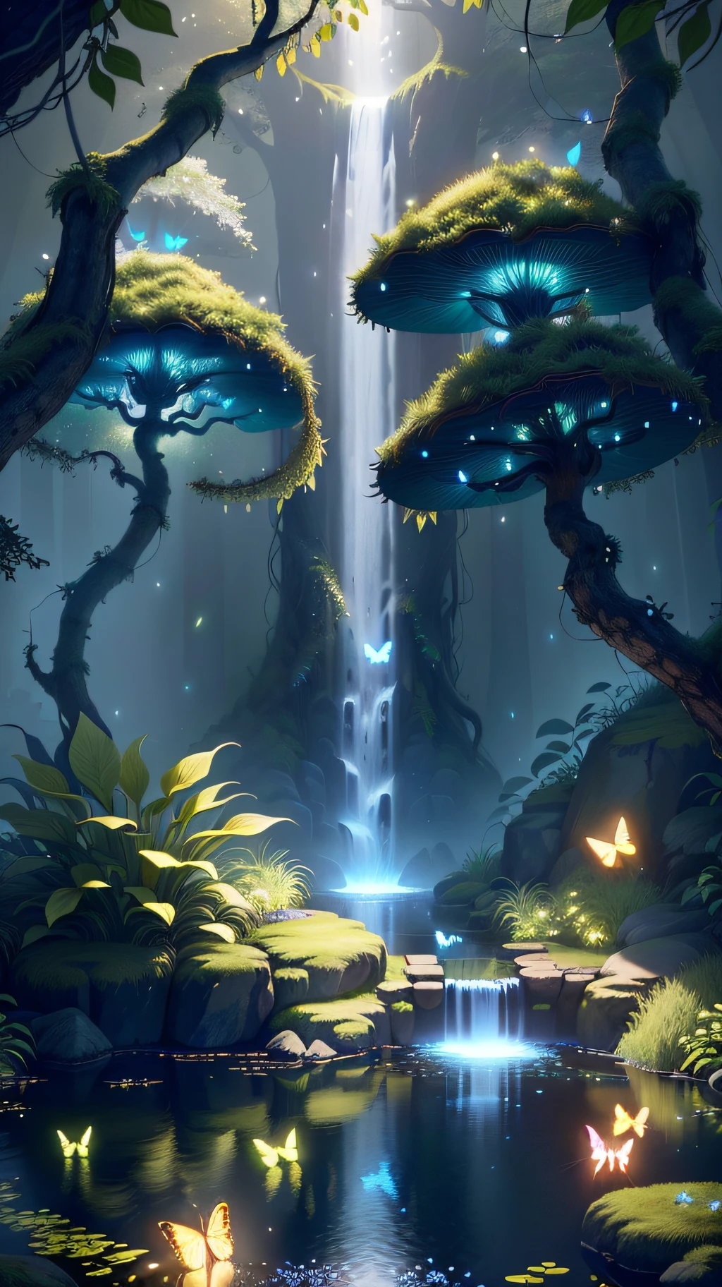 A masterpiece, the best quality, stunning reflections, the best reflections ever. (very detailed CG unity 8k wallpapers), (best quality), (best illustrations), (best shadows), forest theme with natural elements. Tall trees, quiet streams, small glowing mushrooms surrounded by delicate leaves and branches, with fireflies and glowing particle effects,, (natural elements), (jungle theme), (leaves), (twigs), (fireflies), butterflies, (delicate leaves), (glow), (particle effects). , Isometric 3D, Octane Rendering, Ray Traced, Super Detailed