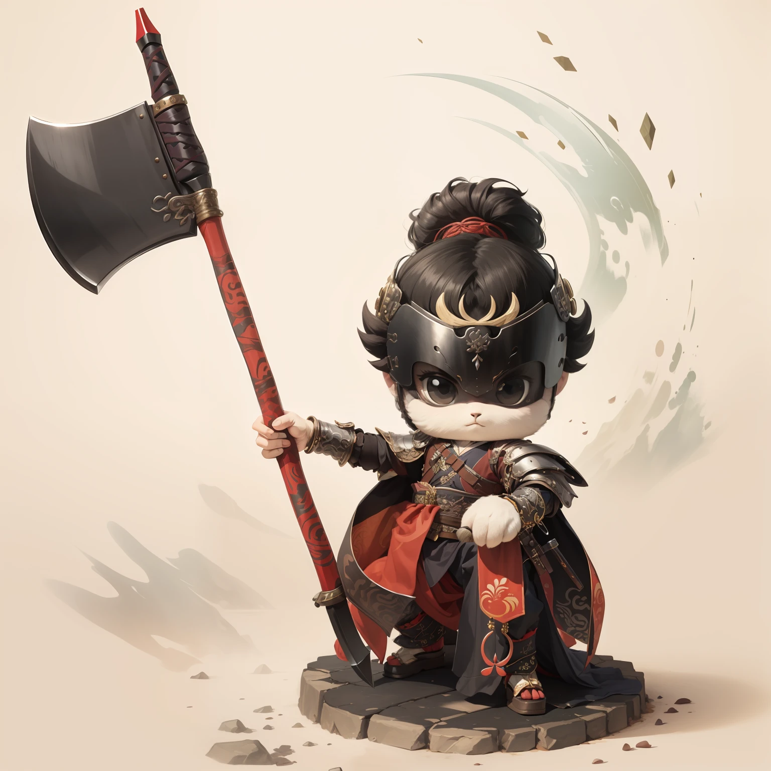 male people,Male characters,tchibi,Bad,Arms,Axe weapons,Ancient Chinese weapons,The handle has a delicate pattern,Shoulder blades,metal breastplate,chainmail,Animal pattern cuirass,chest plate,Bracers,Flowing hem,China-style,Chinese-style clothing,Chinese shoes,There are beautiful patterns on the weapon grips,Refinement,Fine painting,Refinement,infinite details,high definition detail,Patterned,Pattern,Blank background,Bright colors,Metal edging