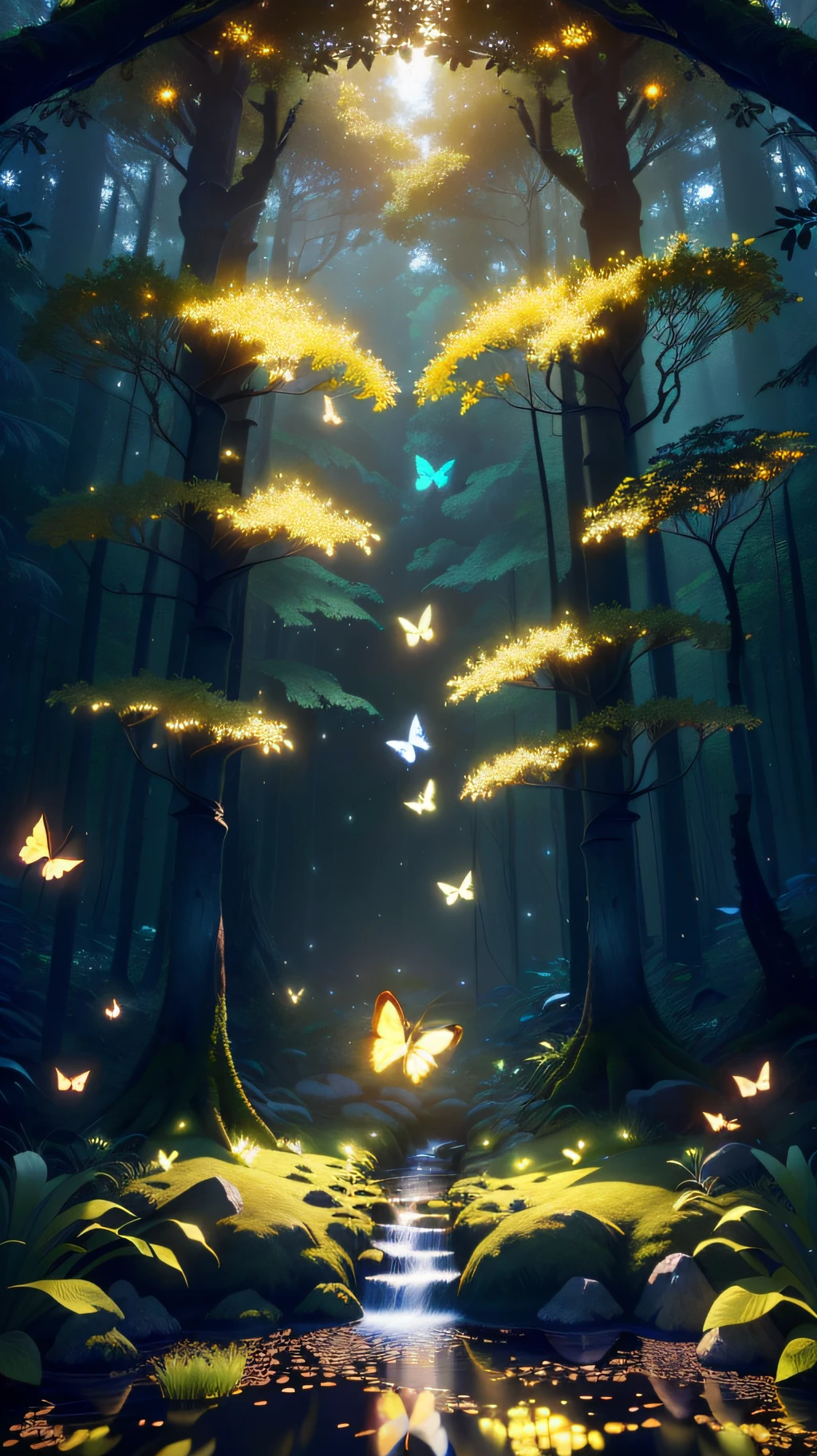 A masterpiece, the best quality, stunning reflections, the best reflections ever. (very detailed CG unity 8k wallpapers), (best quality), (best illustrations), (best shadows), forest theme with natural elements. Tall trees, quiet streams, small glowing mushrooms surrounded by delicate leaves and branches, with fireflies and glowing particle effects,, (natural elements), (jungle theme), (leaves), (twigs), (fireflies), butterflies, (delicate leaves), (glow), (particle effects). , Isometric 3D, Octane Rendering, Ray Traced, Super Detailed