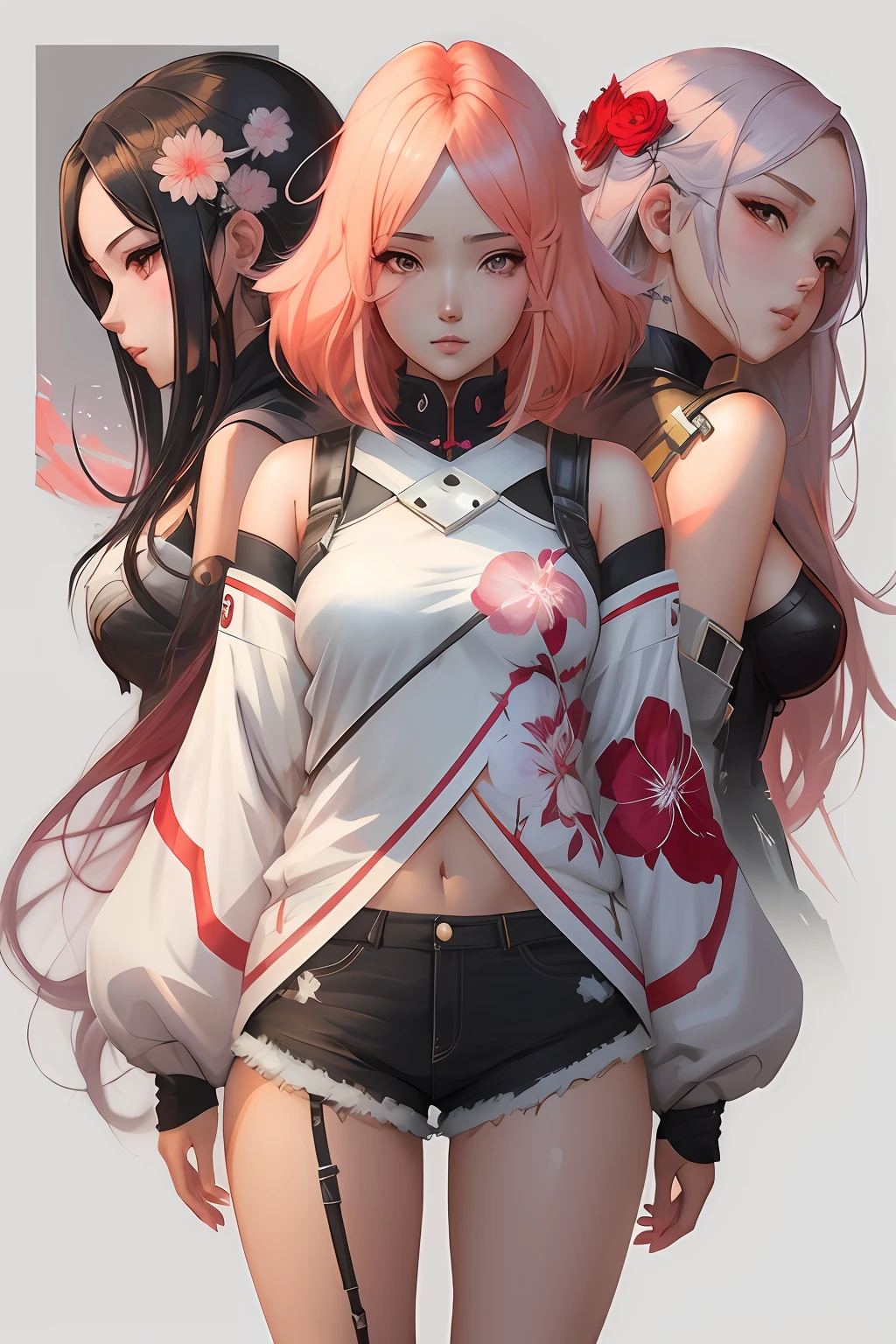 personagens de anime com longos cabelos loiros e flores vermelhas em um fundo branco, Kawacy, Arte no estilo de Guweiz, Guweiz, garotas de anime, detalhes finos. meninas da linha de frente, Guweiz em Pixiv ArtStation, meninas estilo linha de frente, Guweiz em ArtStation Pixiv, Estilo Ross Tran, menina anime loira com cabelo longo, Meninas da linha de frente cg