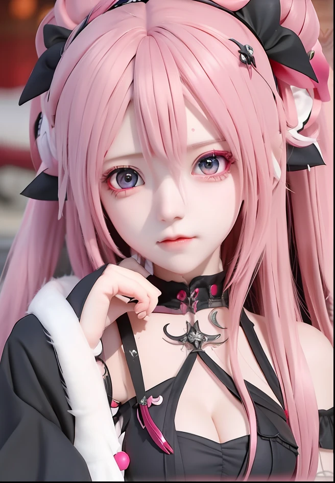 Krul Tepes ,Anime girl ,pink hair ,black shirt ,red eyes ,gothic ,realistic ,ultra detail ,70 mm lens