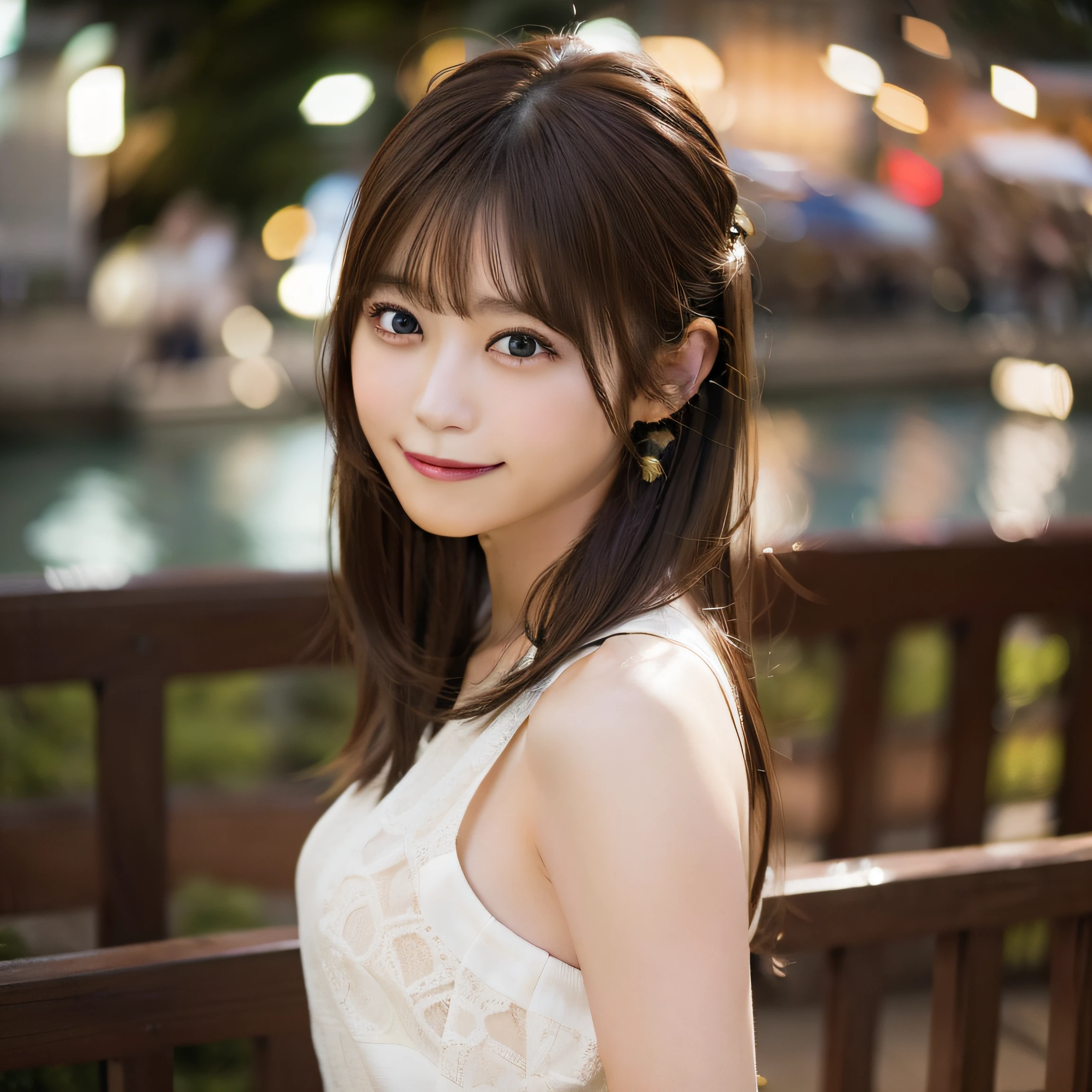 8K,Best Quality, 超A high resolution, (Photorealistic:1.4), Raw photo, (upper thigh:1.3, From Side:1.1), (Bokeh:1.4), (in a suite),Waterside Cafe, 1日本人の女の子, Cute, (Solo:1.6), (Shy smile), (Dark brown eyes), Smooth skin, (Brown medium hair,Bangs), (touch hair:1.4),nogizaka,a park,Fashionable clothes、full bodyesbian、:1.3