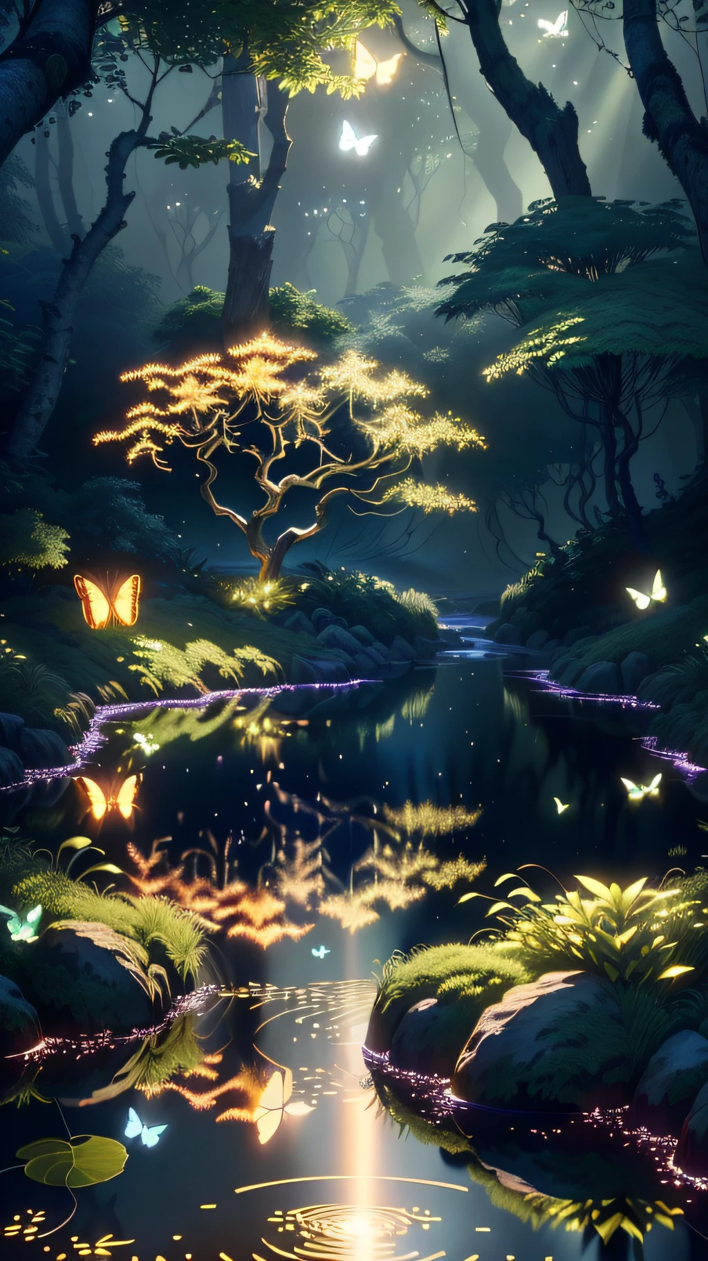 A masterpiece, the best quality, stunning reflections, the best reflections ever. (very detailed CG unity 8k wallpapers), (best quality), (best illustrations), (best shadows), forest theme with natural elements. Tall trees, quiet streams, small glowing mushrooms surrounded by delicate leaves and branches, with fireflies and glowing particle effects,, (natural elements), (jungle theme), (leaves), (twigs), (fireflies), butterflies, (delicate leaves), (glow), (particle effects). , Isometric 3D, Octane Rendering, Ray Traced, Super Detailed