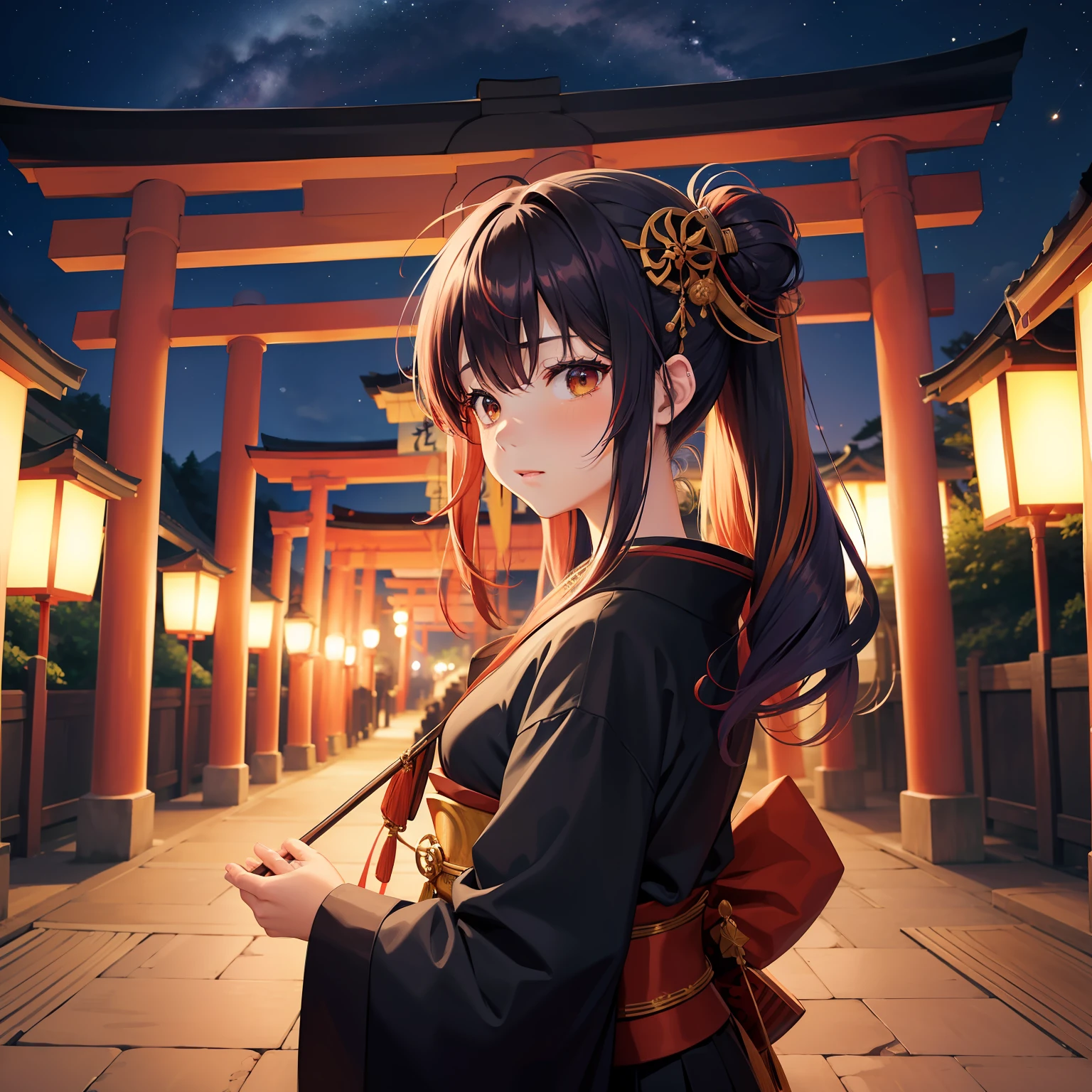 watercolor paiting(Beautifully Aesthetic:1.2)、(1girl in:1.3)、(Higanbana Hair、colourful hair、Half black and half red hair:1.2)、Eau、liquids、natta、colourfull、starrysky、stele、nigh sky、a dark night、Black kimono、Dancing in front of a large torii gate、Landscape painting、glowing lanterns、Fantastical、Evening primrose blooms profusely、shrines、mystical、