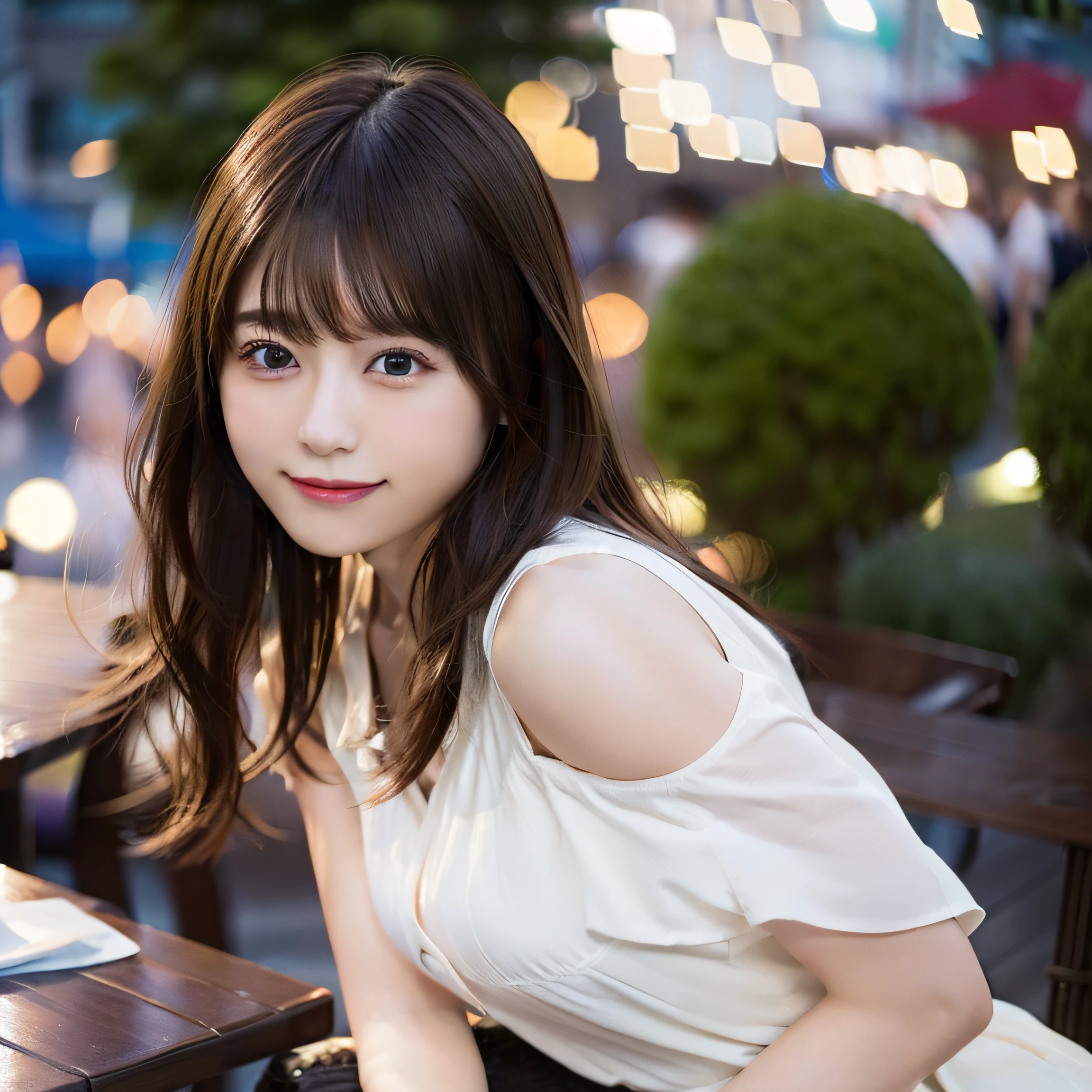 8K,Best Quality, 超A high resolution, (Photorealistic:1.4), Raw photo, (upper thigh:1.3, From Side:1.1), (Bokeh:1.4), (in a suite),Waterside Cafe, 1日本人の女の子, Cute, (Solo:1.6), (Shy smile), (Dark brown eyes), Smooth skin, (Brown medium hair,Bangs), (touch hair:1.4),nogizaka,a park,Fashionable clothes、full bodyesbian、:1.3