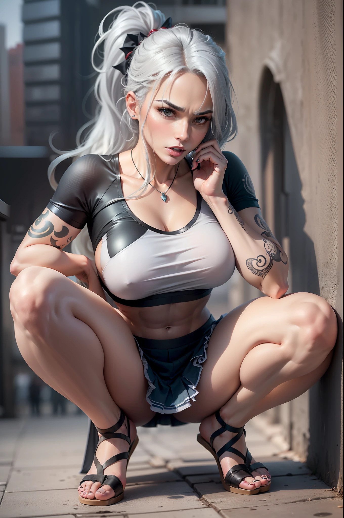 (Gray hair with a long hairstyle, high ponytail: 1.4), ((sharp jawline)), ((Very muscular body with abdominals, skin color: suntanned, oiled,: 1.3) An evil expression on his face, short tight short top and short skirt with perky tits, on the roof of a skyscraper overlooking the city, bare footed, squatting with legs apart, hands on knees in a frank pose;, sexy pubic tattoo