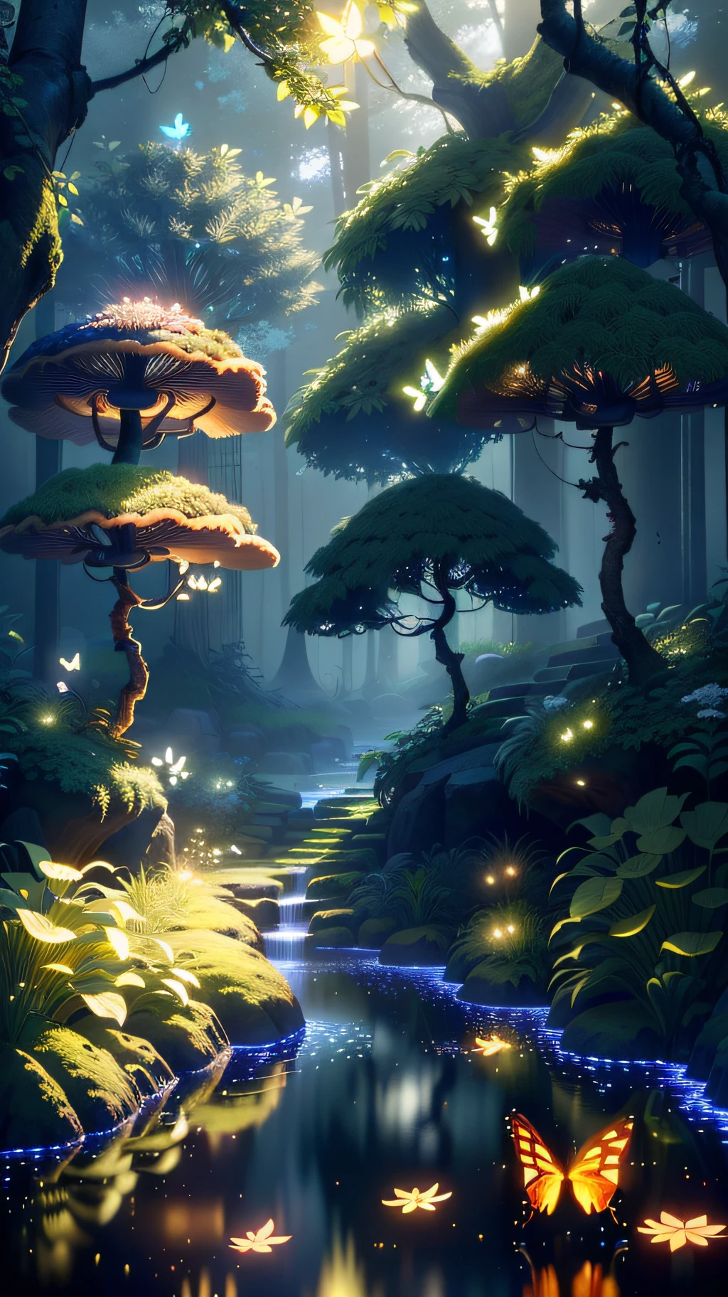 A masterpiece, the best quality, stunning reflections, the best reflections ever. (very detailed CG unity 8k wallpapers), (best quality), (best illustrations), (best shadows), forest theme with natural elements. Tall trees, quiet streams, small glowing mushrooms surrounded by delicate leaves and branches, with fireflies and glowing particle effects,, (natural elements), (jungle theme), (leaves), (twigs), (fireflies), butterflies, (delicate leaves), (glow), (particle effects). , Isometric 3D, Octane Rendering, Ray Traced, Super Detailed