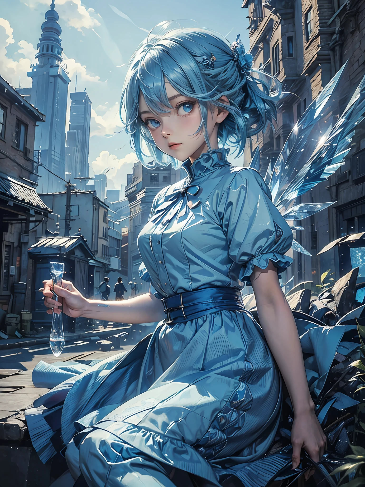 detailed background, masterpiece, best quality, cirno, crystal wings, blue hair, blue eyes, puffy short sleeves
