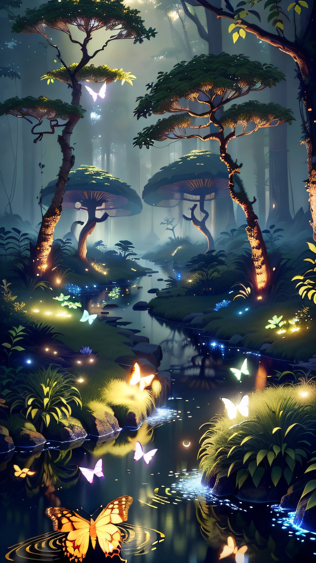 A masterpiece, the best quality, stunning reflections, the best reflections ever. (very detailed CG unity 8k wallpapers), (best quality), (best illustrations), (best shadows), forest theme with natural elements. Tall trees, quiet streams, small glowing mushrooms surrounded by delicate leaves and branches, with fireflies and glowing particle effects,, (natural elements), (jungle theme), (leaves), (twigs), (fireflies), butterflies, (delicate leaves), (glow), (particle effects). , Isometric 3D, Octane Rendering, Ray Traced, Super Detailed