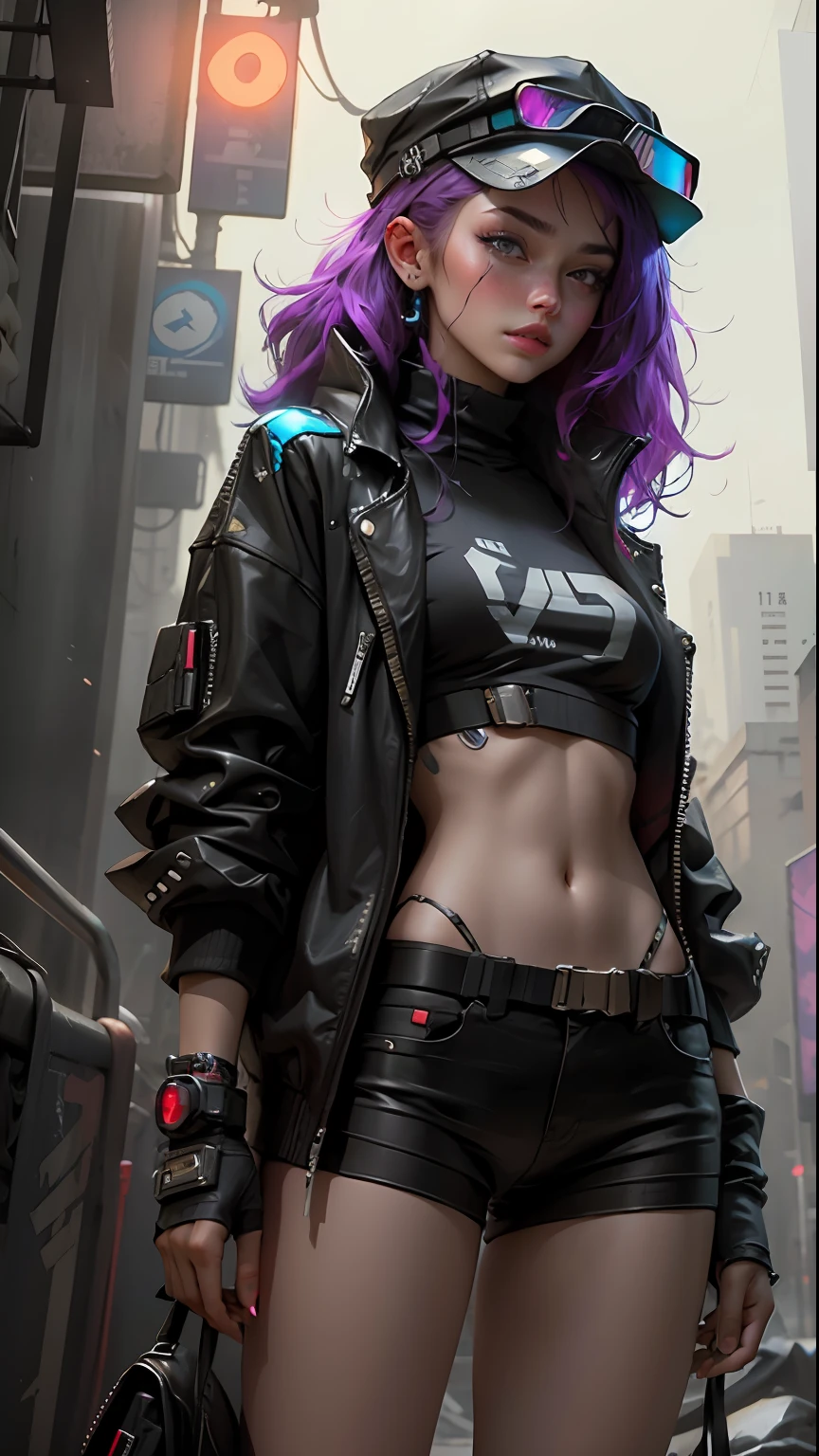 Beautiful woman medium hair, wearing cap, cyberpunk style short clothes