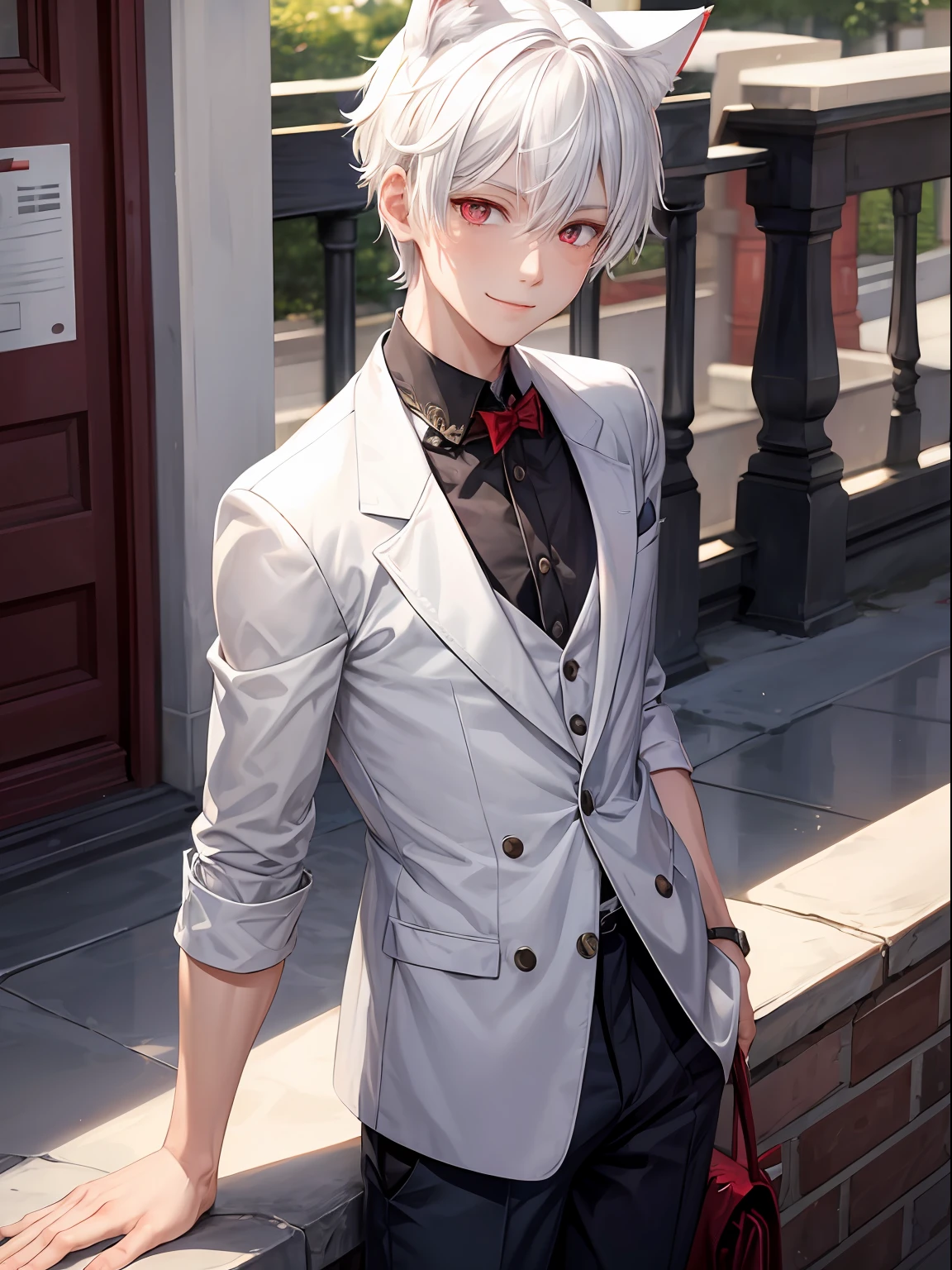 1boy, white hair, red eyes ,silt pupils, school uniform, detailed, male focus, smile, standing, say hello, cat ears, outdors