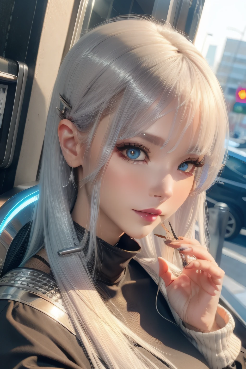 Cyberbeauty with silver hair and stick