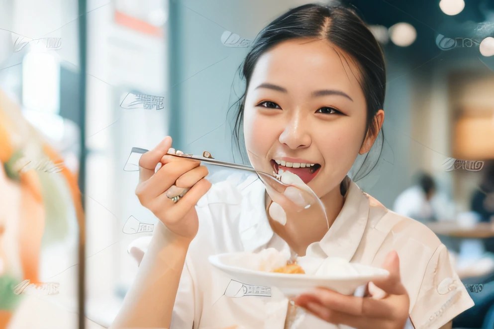 The woman eating a piece of cake has a fork in her mouth, eating ice - cream, eating a cake, Eating ice cream, Eating, Young Asian woman, people inside eating meals, Young Asian girl, A young Asian woman, Eating noodles, eating cheese, Chinese woman, Asian woman, eating camera pov, very tasty, delicacy, people are eating, Yum, Delicious