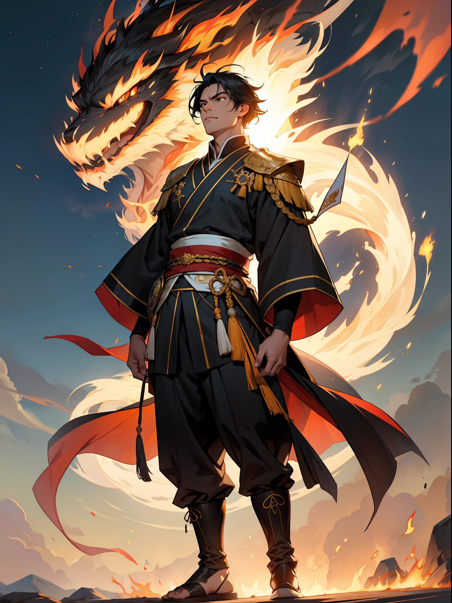 of a guy,Douluo Continent costume,Black hair,Mighty,standing on your feet,Sun,fire glow