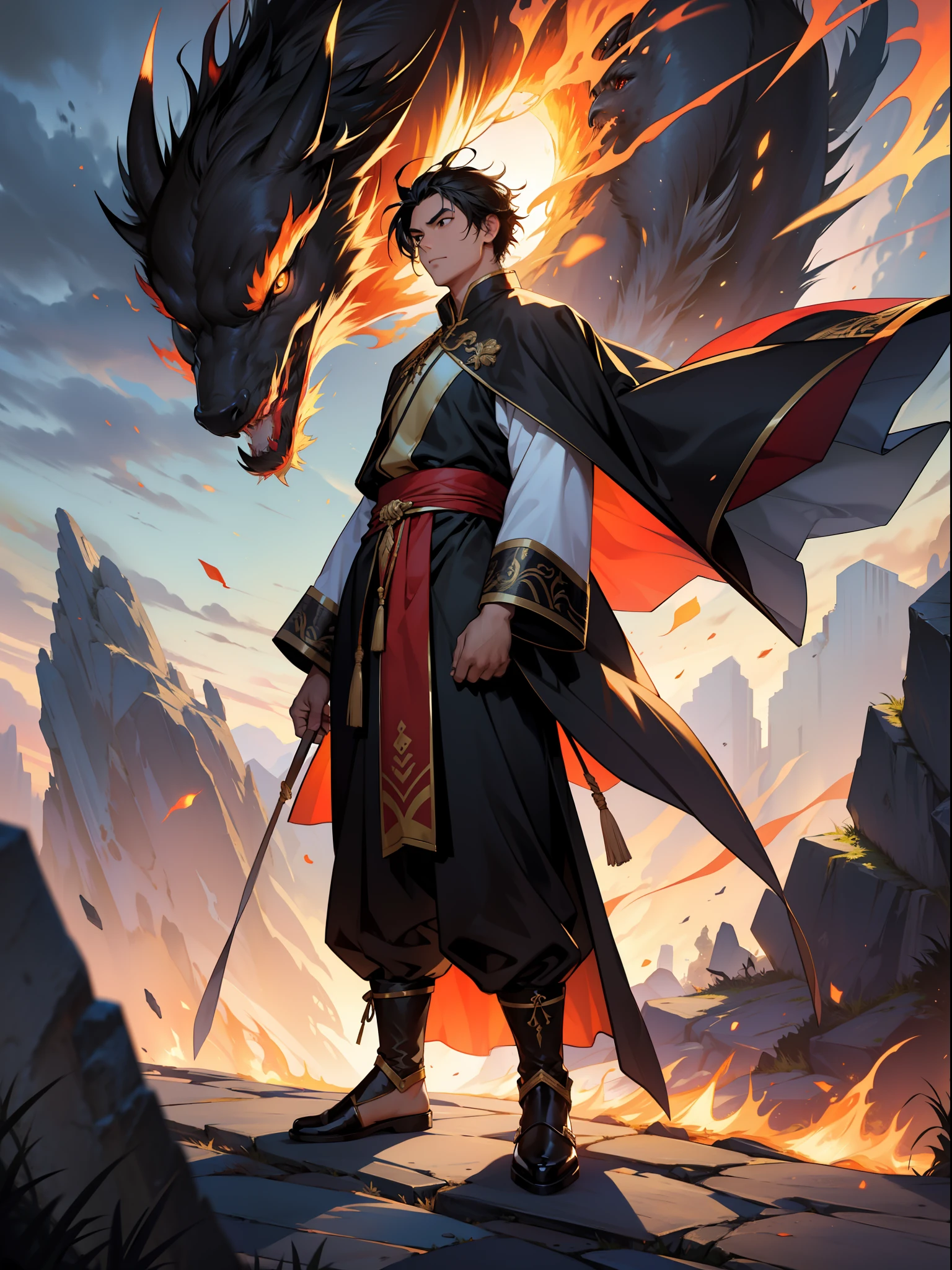 of a guy，Douluo Continent costume，Black hair，Mighty，standing on your feet，Sun，fire glow