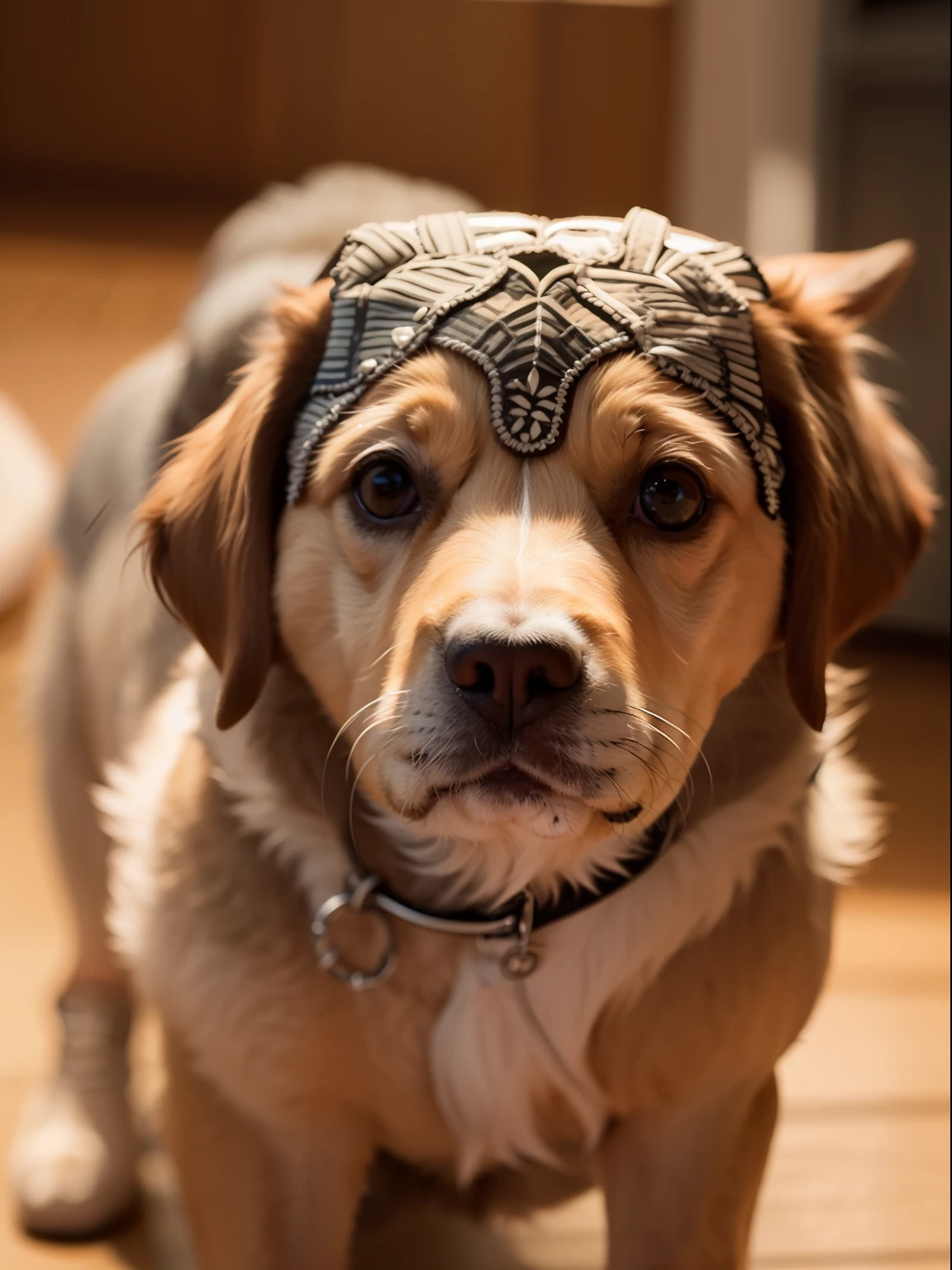 a cute dog dressed in, ((intricate detail)), hdr, ((complex detail, super detail)), cinematic footage, rich details,