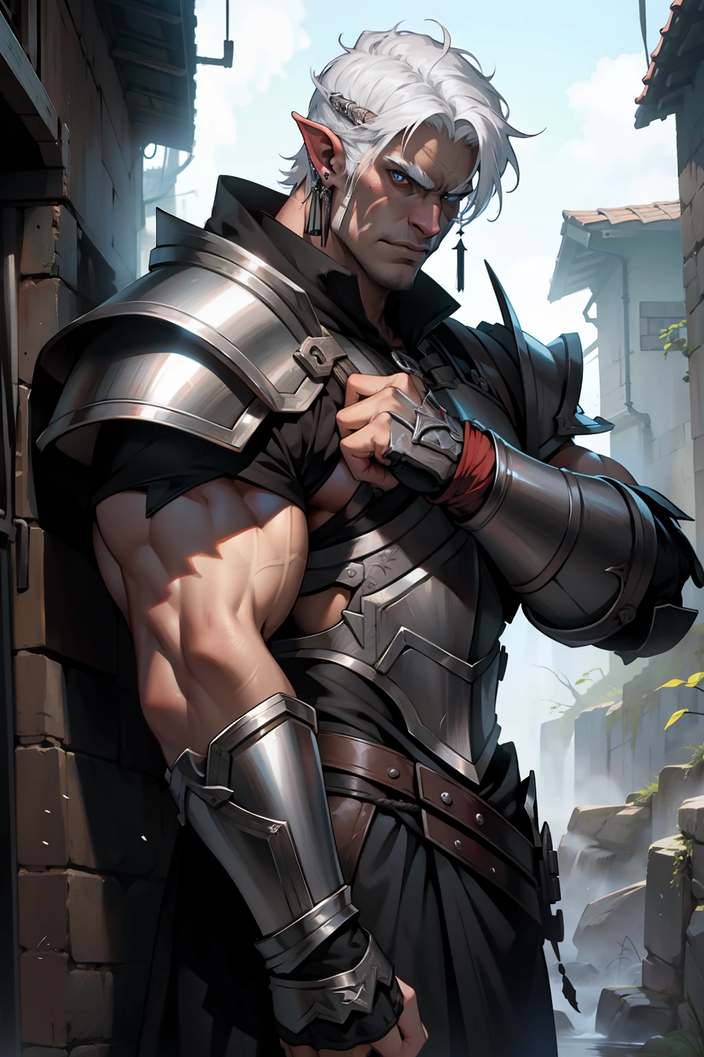 Masterpiece, Best quality,Berserker，Orc male，Wearing black armor，Clear facial features，Wearing earrings，Silvery-white hair，