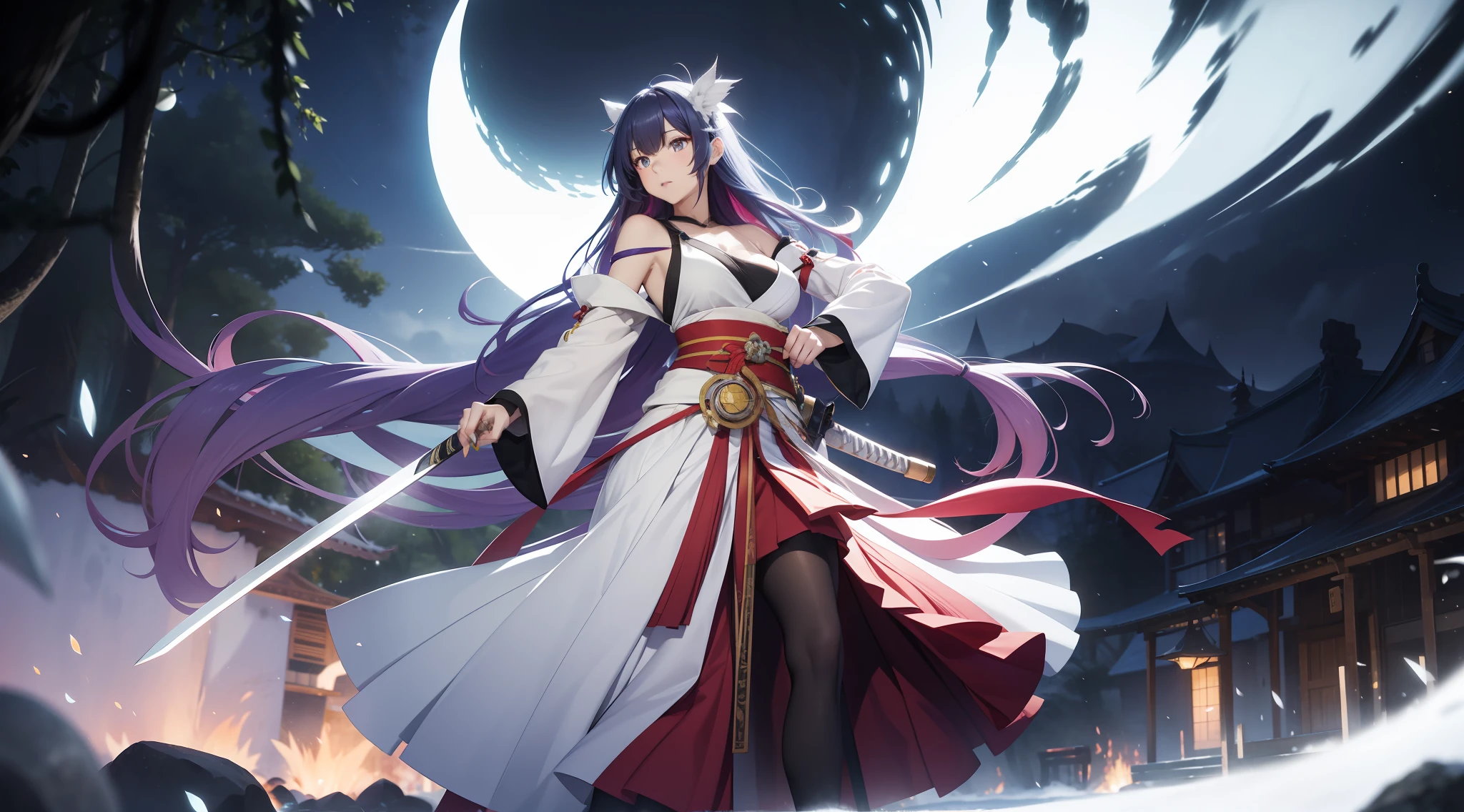 Motion blur, Depth of field,Large trees that curve and hover,The moonlight shone on the side of the girl's face,22 year old,realisticlying,Female Taoist,no-bra,vacuum,Extra-long sleeves,Off-the-shoulder attire,huge tit,cleavage,Full length of colorful hair(1.9),Color gradient for long hair,Messy hair,Barefoot,realskin,realcumAI,Snow-white skin,Snow-white thighs,Top image quality,Extreme light and shadow,Colorful tights,High details,Standing painting,lines of movement,Panorama sword dance,Dance,komono,Hold the katana horizontally,combats,