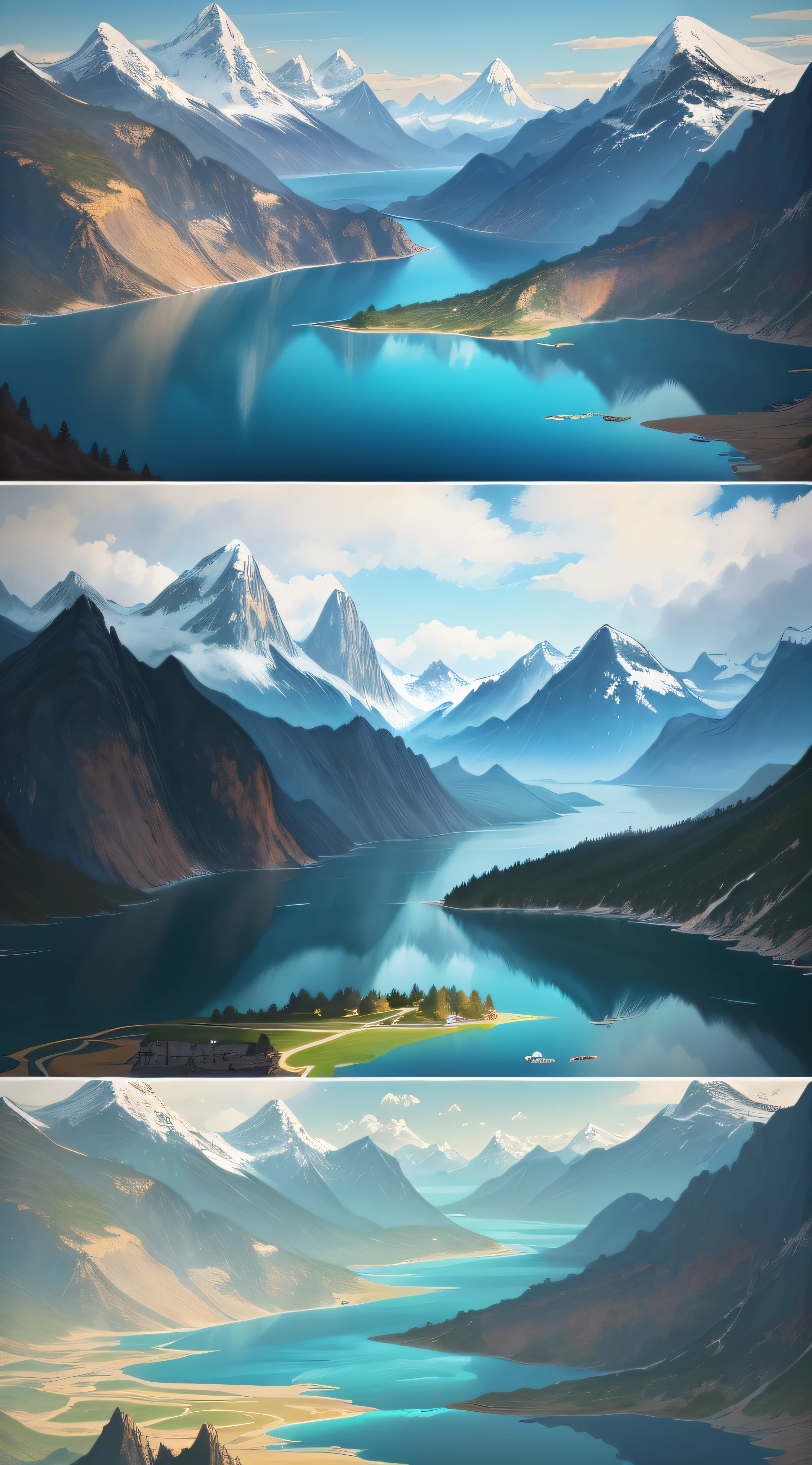 Painting on the side of a blue glove box with a lake and mountains, painted on a giant wall, powerful painting, author:Igiles, dramatic artwork, incredible painting, Beautifully painted, mural art, author:Xi Gang, hand painted style, artist unknown, Detailed scenery —width 672, author:Qu Leilei, 8K)), scenery art detailed