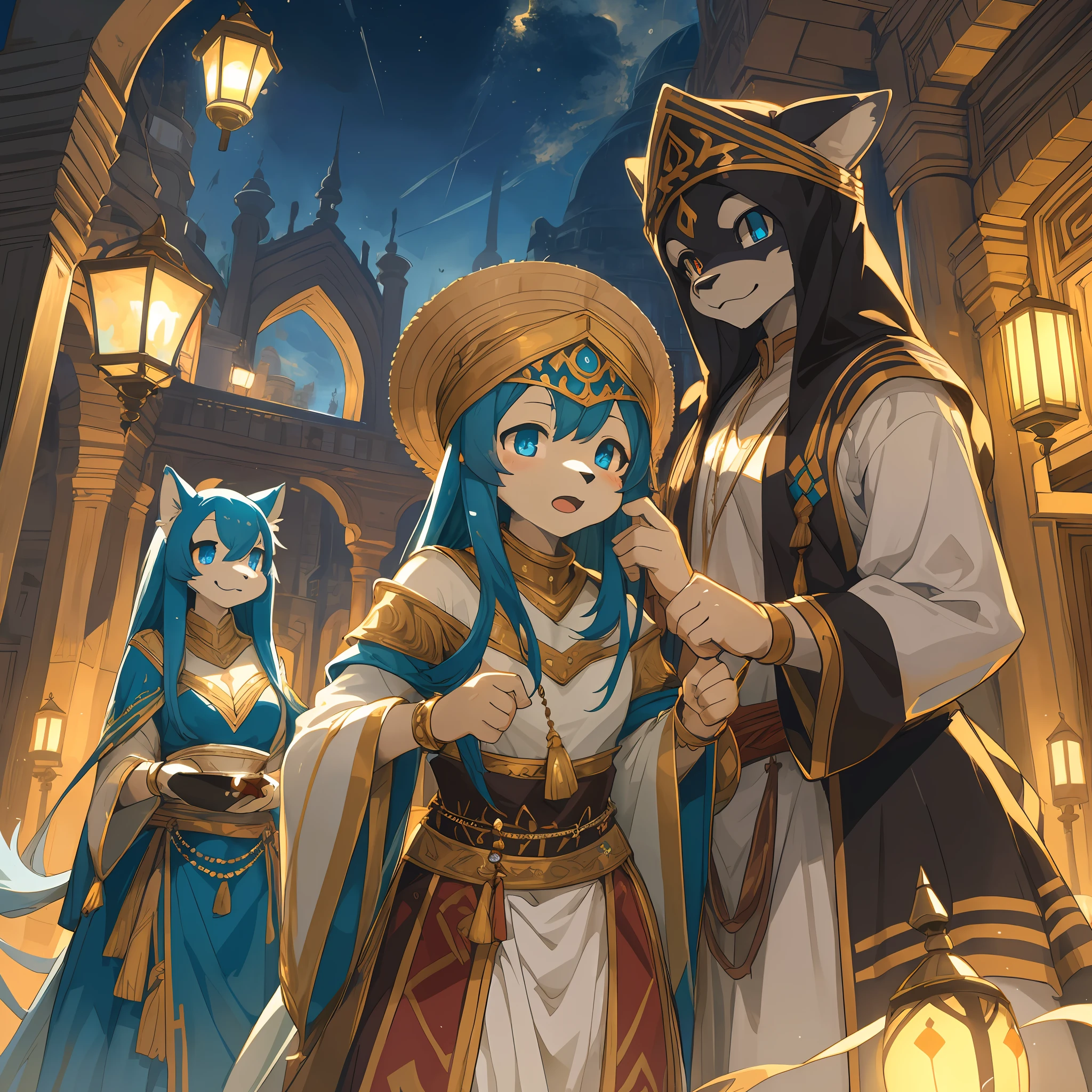 top quality, best quality, High-quality illustrations, masterpiece, super high resolution, detailed background, detailed background, The Arabian Nights' Entertainment, turkish lamp, 6+boys, 6+girls, absurdres(highly detailed beautiful face and eyes)perfect anatomy, expression, good lighting, cinematic shadow(kemono, furry anthro),