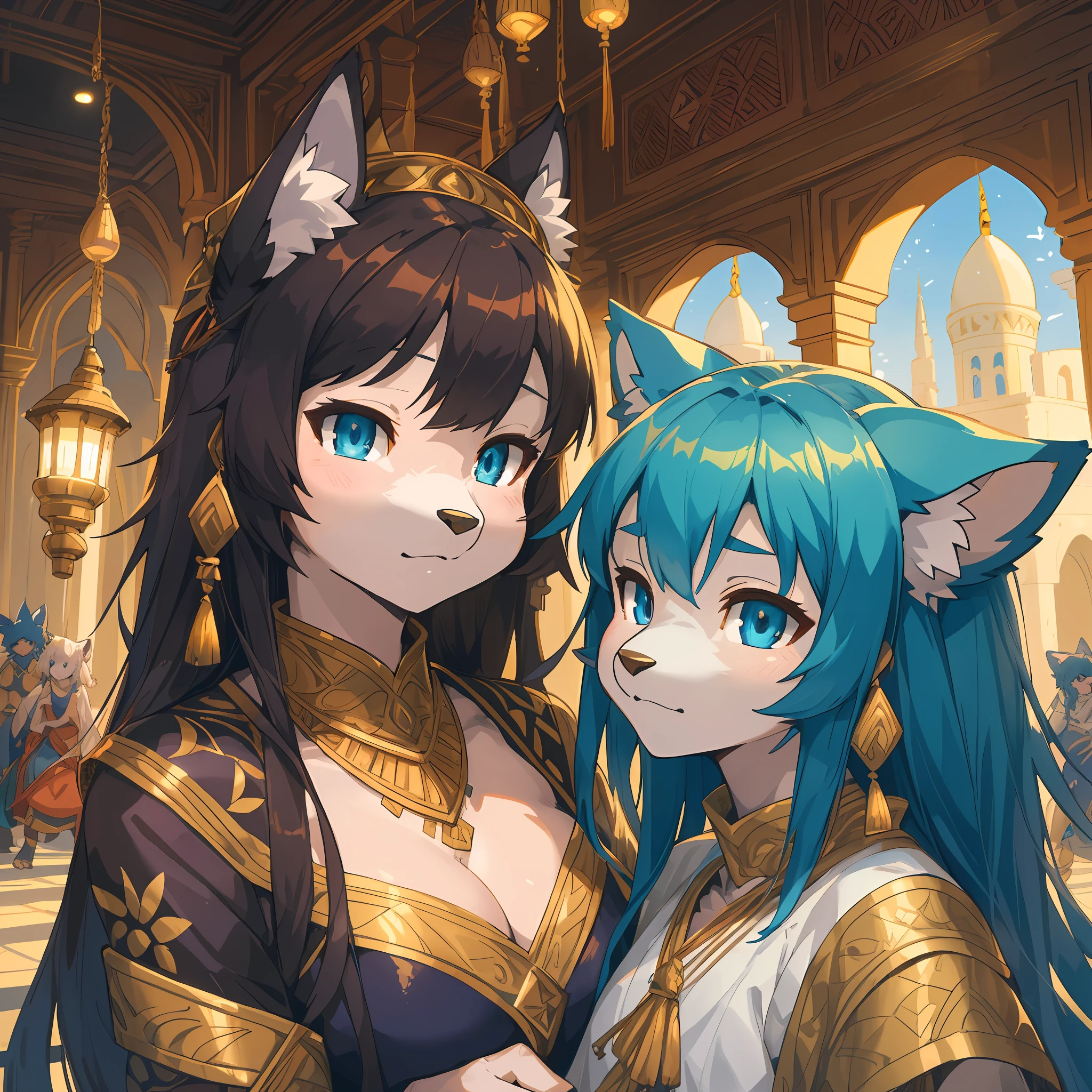 top quality, best quality, High-quality illustrations, masterpiece, super high resolution, detailed background, detailed background, The Arabian Nights' Entertainment, turkish lamp, 6+boys, 6+girls, absurdres(highly detailed beautiful face and eyes)perfect anatomy, expression, good lighting, cinematic shadow(kemono, furry anthro),