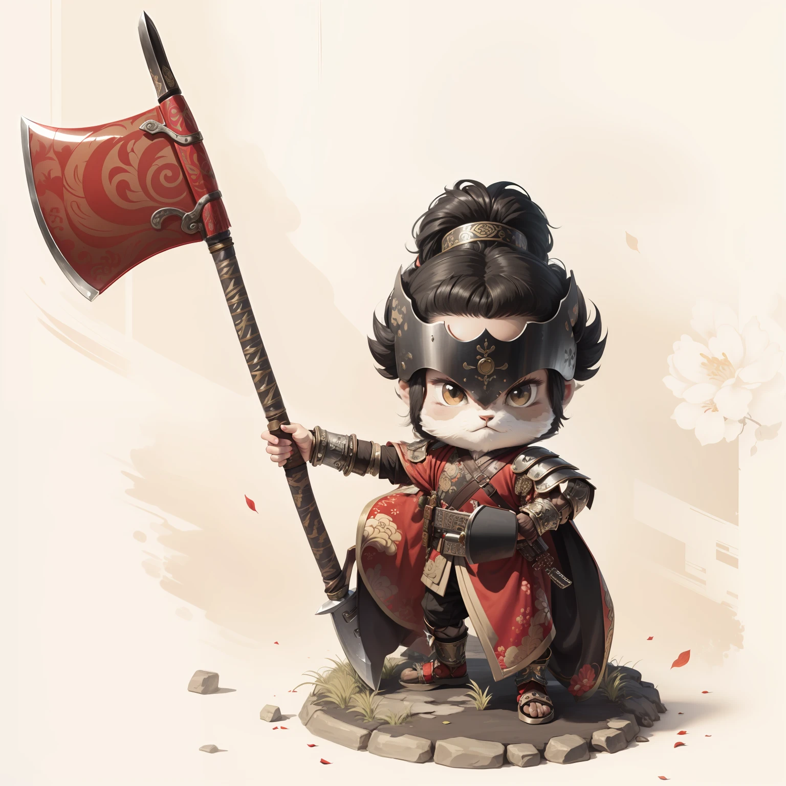male people,Male characters,tchibi,Bad,Arms,Axe weapons,Ancient Chinese weapons,The handle has a delicate pattern,Shoulder blades,metal breastplate,chainmail,Animal pattern cuirass,chest plate,Bracers,Flowing hem,China-style,Chinese-style clothing,Chinese shoes,There are beautiful patterns on the weapon grips,Refinement,Fine painting,Refinement,infinite details,high definition detail,Patterned,Pattern,Blank background,Bright colors,Metal edging