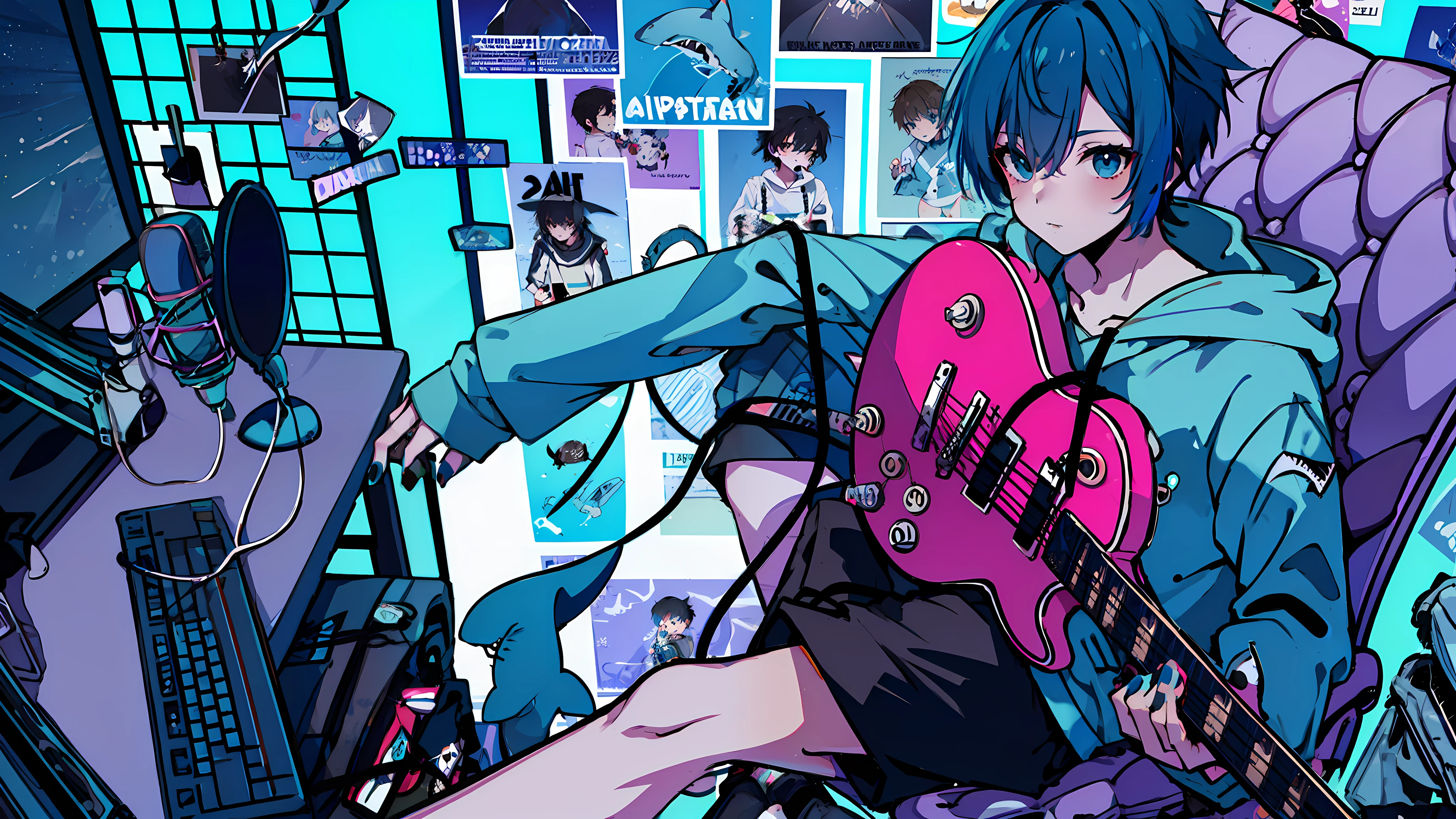 overdose, 1boy, solo, holding, sitting, chair, instrument, microphone, guitar, cable, computer, monitor, holding instrument, electric guitar, poster (object), keyboard (computer), mouse (computer), amplifier, (masterpiece, best quality:1), ((1boy)), ( Boy Shark character), (Boy Wearing blue hoodie and shark tail), (Boy Messy Japanese Round Haircut for Thick Hair), (blue nails), (Blue hair), black shorts,