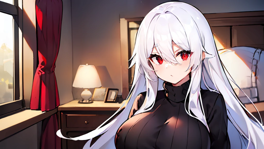 mejor calidad, woman, (((white long hair))), ((((hip length turtleneck sweater)))), (((((sweater black))))) ((red eyes)), big breast, bangs between the eyes,bangs between the eyes, full body, bedroom, nsfw