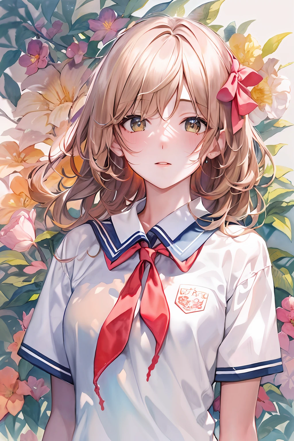 (highres, best quality:1.2), radiance, soft contours, beautiful drawing, upper body, concept art, detailed background, bright colors,
1girl, (8k, best quality, masterpiece:1.2),(best quality:1.0), (ultra highres:1.0), watercolor, 1girl, asahina mikuru, flowers, long brown hair, kita high school uniform, solo, blue sailor collar, sailor collar, serafuku, short sleeves, red ribbon, by agnes cecile, half body portrait, extremely luminous bright design, pastel colors, (ink:1.3), autumn lights, traditional media, watercolor \(medium), watercolor background
