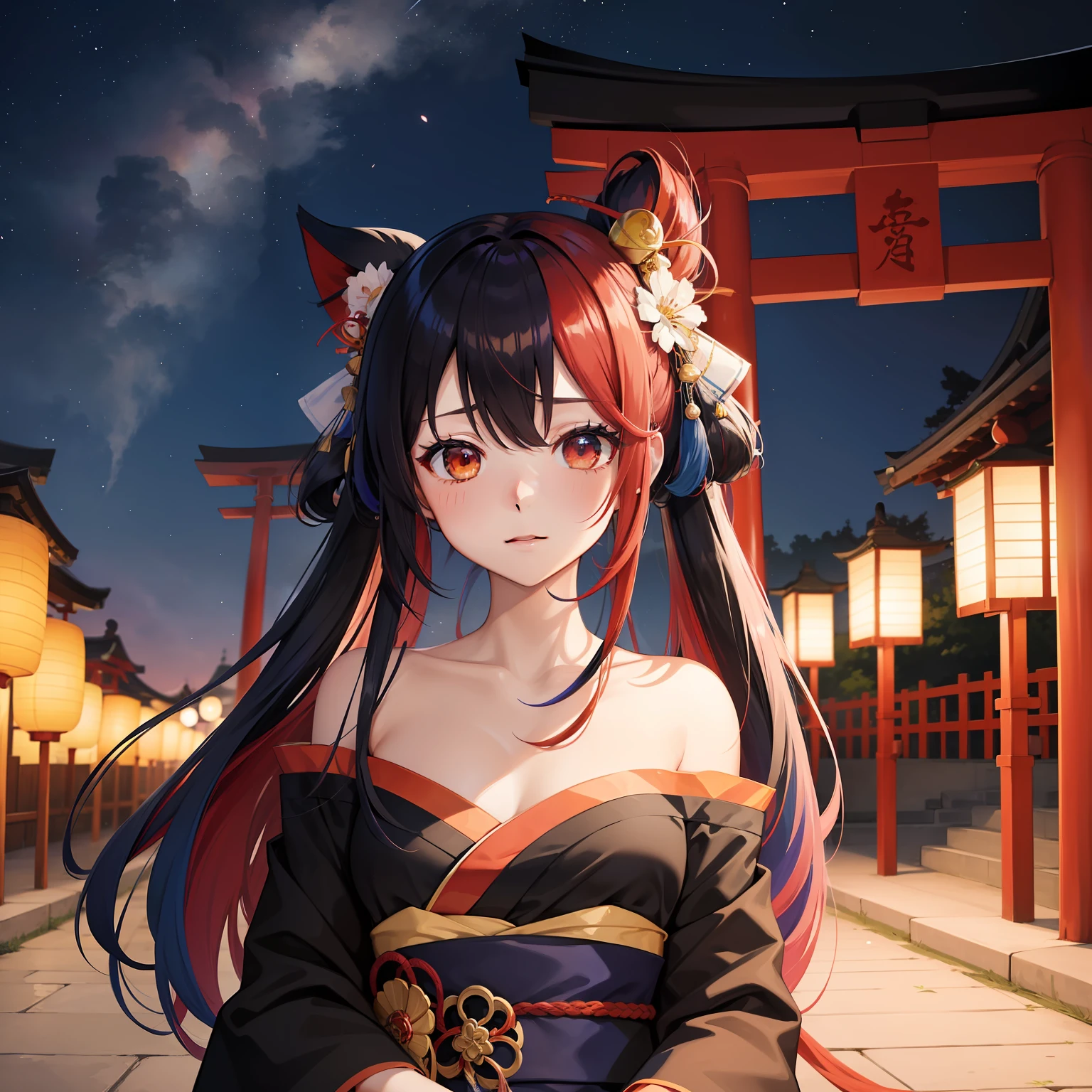 watercolor paiting(Beautifully Aesthetic:1.2)、(1girl in:1.3)、(Higanbana Hair、colourful hair、Half black and half red hair:1.2)、Eau、liquids、natta、colourfull、starrysky、stele、nigh sky、a dark night、Black kimono、Dance in front of a large torii gate、Landscape painting、glowing lanterns、Fantastical、shrines、Mystical、the whole、