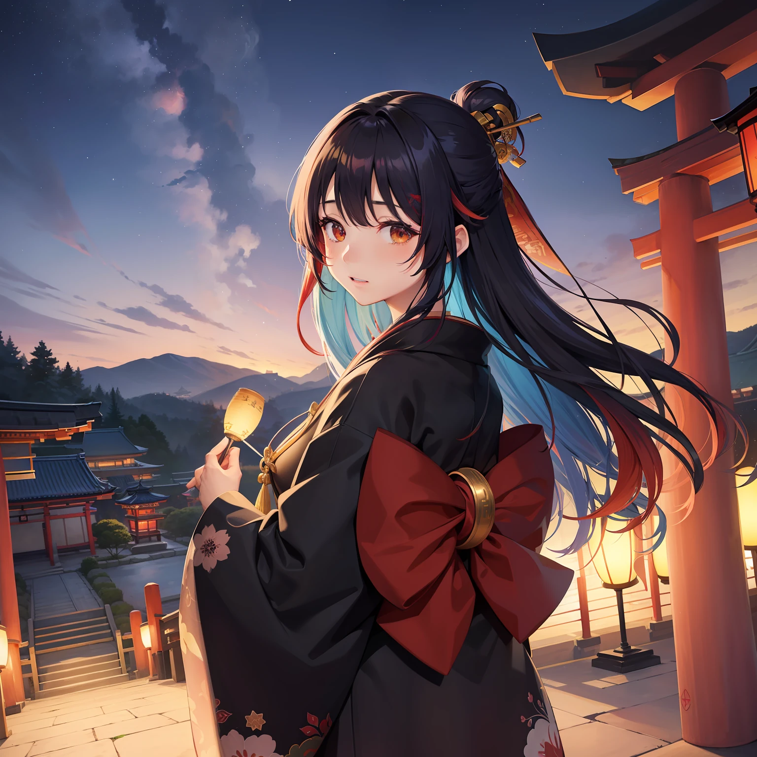 watercolor paiting(Beautifully Aesthetic:1.2)、(1girl in:1.3)、(Higanbana Hair、colourful hair、Half black and half red hair:1.2)、Eau、liquids、natta、colourfull、starrysky、stele、nigh sky、a dark night、Black kimono、Dance in front of a large torii gate、Landscape painting、glowing lanterns、Fantastical、shrines、Mystical、the whole、