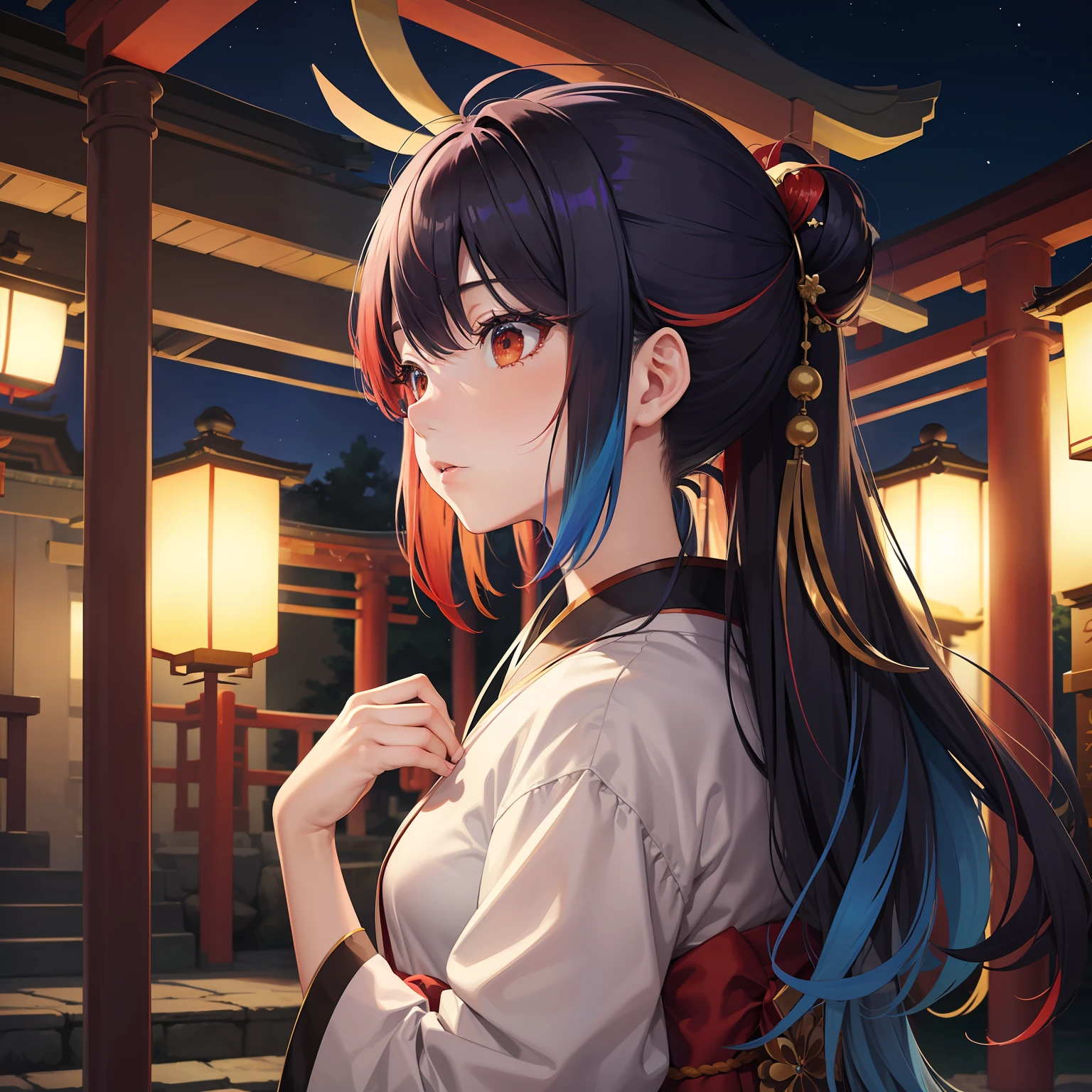 watercolor paiting(Beautifully Aesthetic:1.2)、(1girl in:1.3)、(Higanbana Hair、colourful hair、Half black and half red hair:1.2)、Eau、liquids、natta、colourfull、starrysky、stele、nigh sky、a dark night、Black kimono、Dance in front of a large torii gate、Landscape painting、glowing lanterns、Fantastical、shrines、Mystical、the whole、
