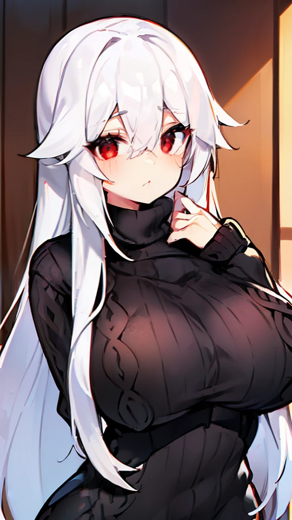 mejor calidad, woman, (((white long hair))), ((((hip length turtleneck sweater)))), (((((sweater black))))) ((red eyes)), big breast, bangs between the eyes,bangs between the eyes, full body, bedroom, nsfw
