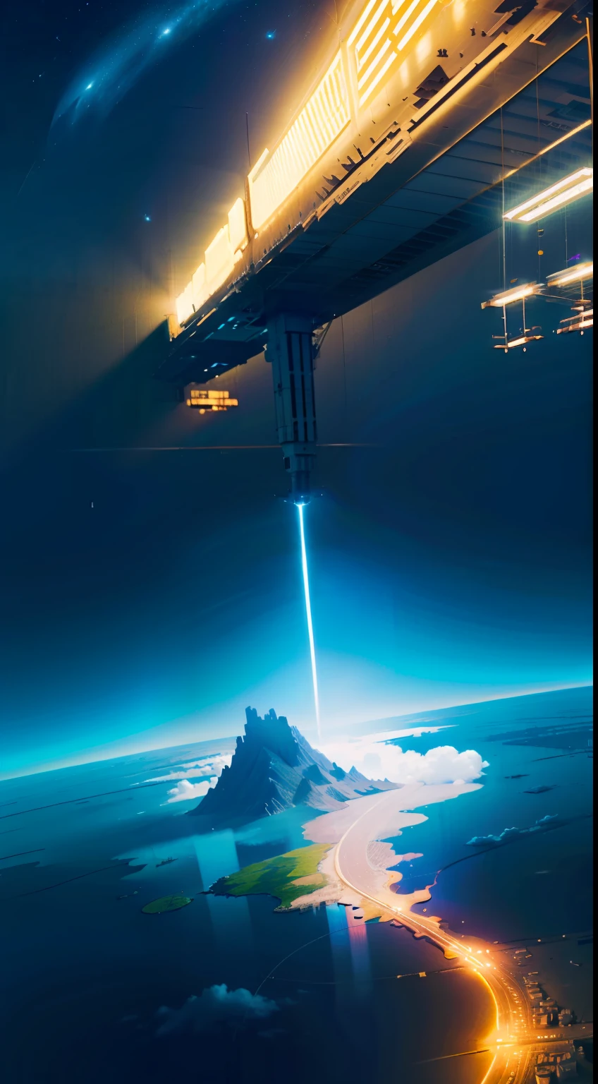 Islands floating in the air，Many islands are connected together，Transparent space station ruins，Future beams，Wasteland，desolated，Sky debris，Crystal Shard，Doomsday atmosphere，Superb detail