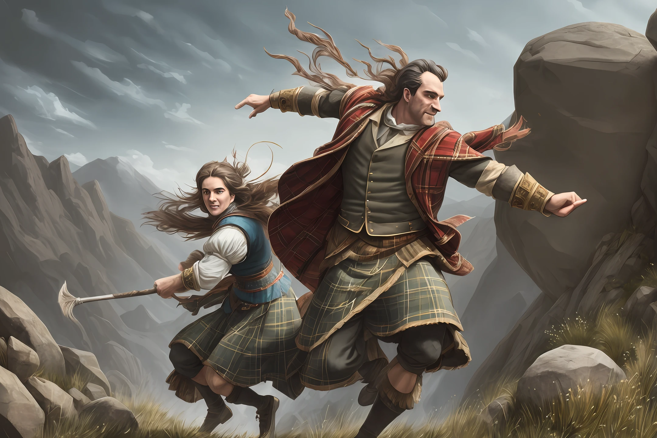 flat painting style, scotish tale, rich details of a male scotish highlander and female scotish highlander, both are throwing a boulders down a hill, both are having fun. Cinematic. Light haze. The background is blurred dark fantasy. --auto --s2