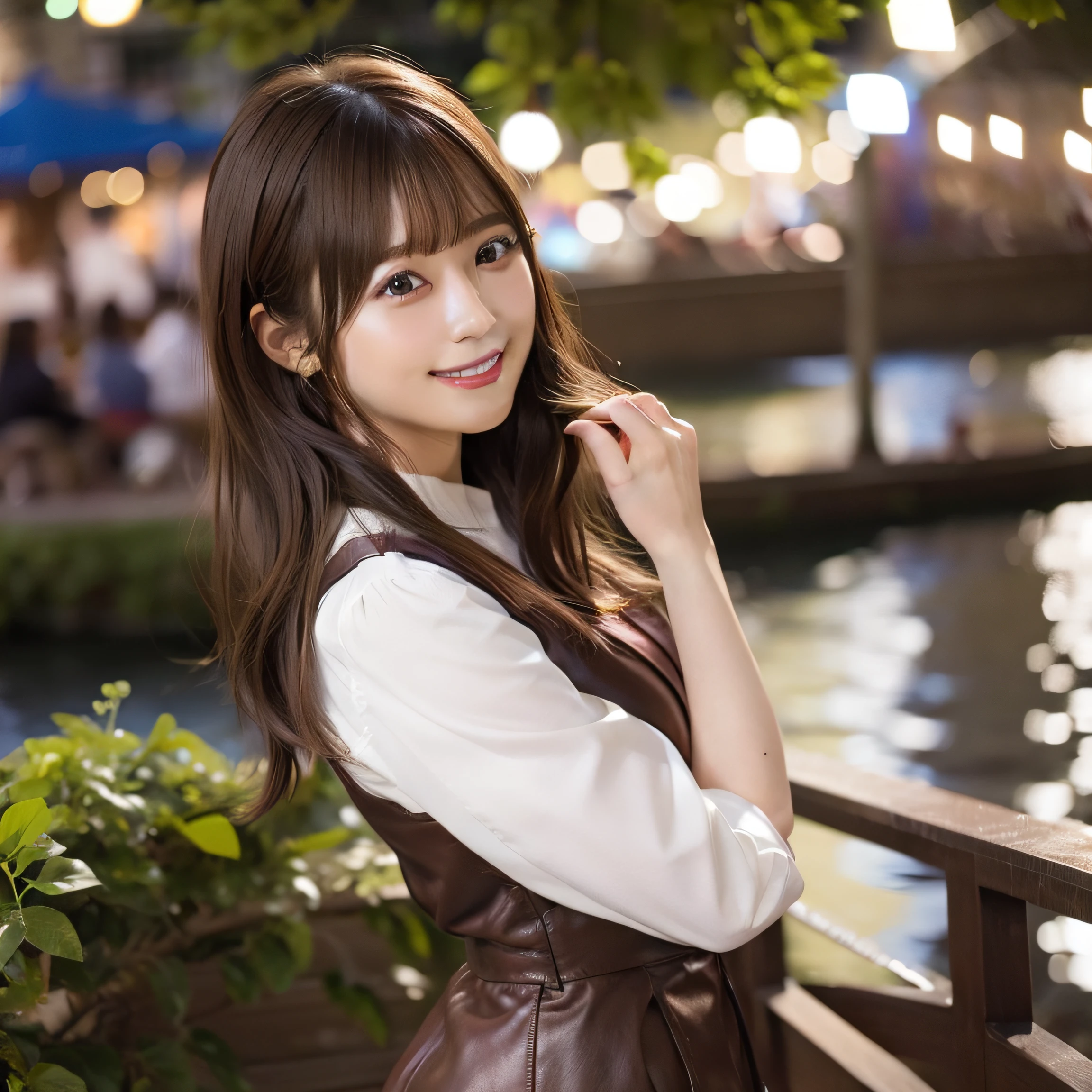 8K,Best Quality, 超A high resolution, (Photorealistic:1.4), Raw photo, (upper thigh:1.3, From Side:1.1), (Bokeh:1.4), (in a suite),Waterside Cafe, 1日本人の女の子, Cute, (Solo:1.6), (Shy smile), (Dark brown eyes), Smooth skin, (Brown medium hair,Bangs), (touch hair:1.4),nogizaka,a park,Fashionable clothes、full bodyesbian、:1.2:1.2