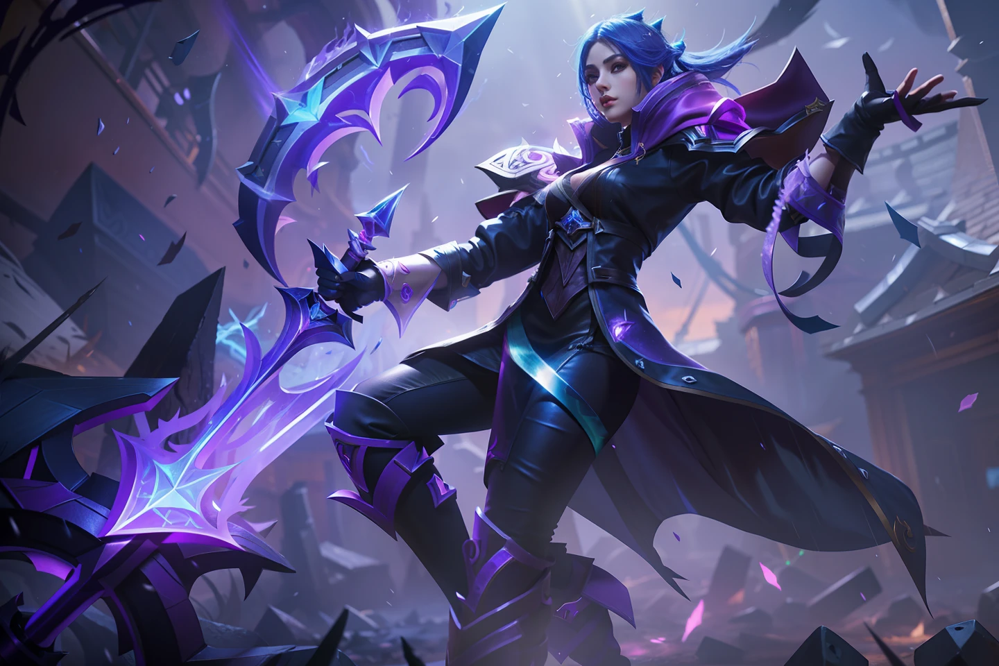 a woman in a black outfit holding a sword and a purple light, sylas, league of legends character, official splash art, splash art, iconic character splash art, style league of legends, mobile legends, league of legends character art, league of legends arcane, inspired by Huang Shen, style of league of legends, league of legends splash art