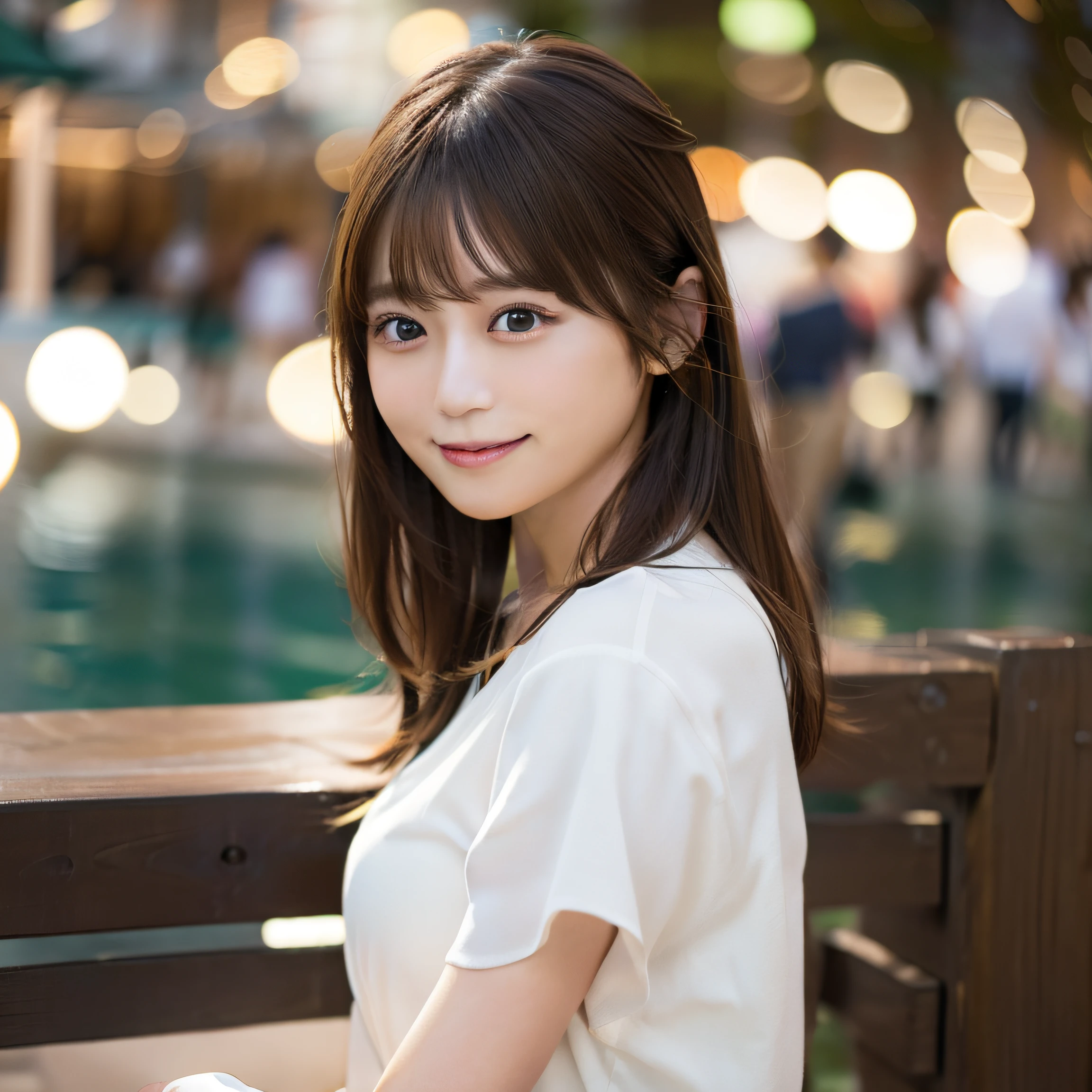 8K,Best Quality, 超A high resolution, (Photorealistic:1.4), Raw photo, (upper thigh:1.3, From Side:1.1), (Bokeh:1.4), (in a suite),Waterside Cafe, 1日本人の女の子, Cute, (Solo:1.6), (Shy smile), (Dark brown eyes), Smooth skin, (Brown medium hair,Bangs), (touch hair:1.4),nogizaka,a park,Fashionable clothes、full bodyesbian、:1.2:1.2