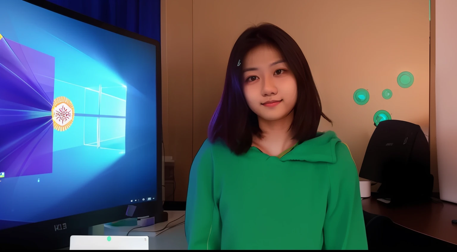 there is a woman standing in front of a laptop computer, nivanh chanthara, centre image, photo taken in 2 0 2 0, around 1 , a young asian woman, taken in the late 2000s, kakar cheung, photo of a woman, student, taken in the early 2020s, change background and apply rgb shadow lights from back
