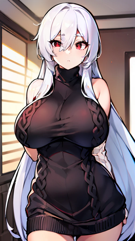 mejor calidad, woman, (((white long hair))), ((((hip length turtleneck sweater)))), (((((sweater black))))) ((red eyes)), big breast, bangs between the eyes,bangs between the eyes, full body, bedroom, nsfw, boobs