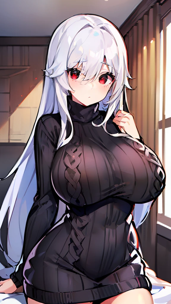 mejor calidad, woman, (((white long hair))), ((((hip length turtleneck sweater)))), (((((sweater black))))) ((red eyes)), big breast, bangs between the eyes,bangs between the eyes, full body, bedroom, nsfw, boobs