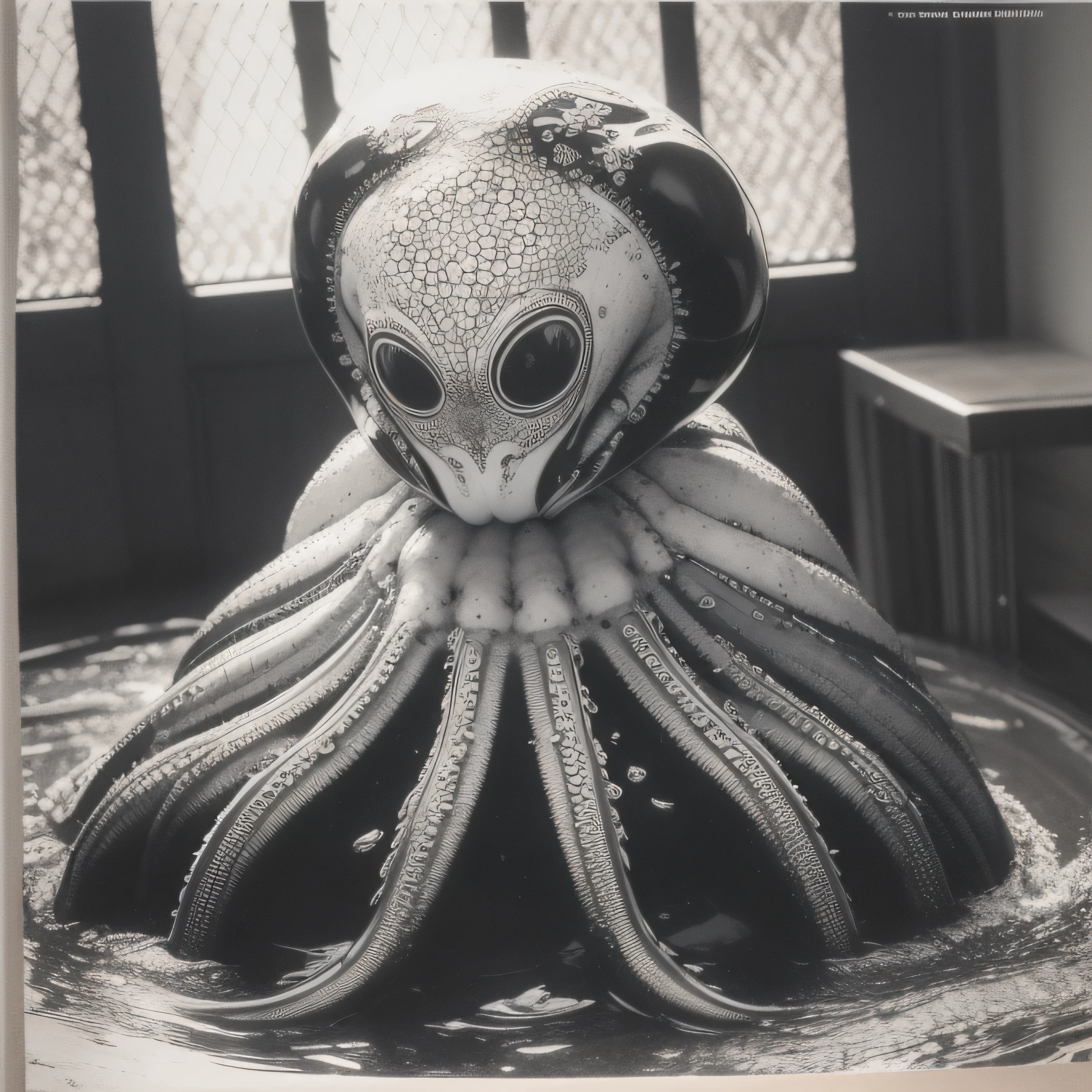 (extremadamente detallado, obra maestra, La mejor calidad), Estilo oscuro, intense illumination, rostro con arrugas, lengua larga, tentacle, deforme, monstruoso, interior de una piscina de agua verdosa, imagen submarina, alien con Colmillos finos, pico de pulpo amenazante. manchas de tinta. Rococo composition. Luz de caravaggio