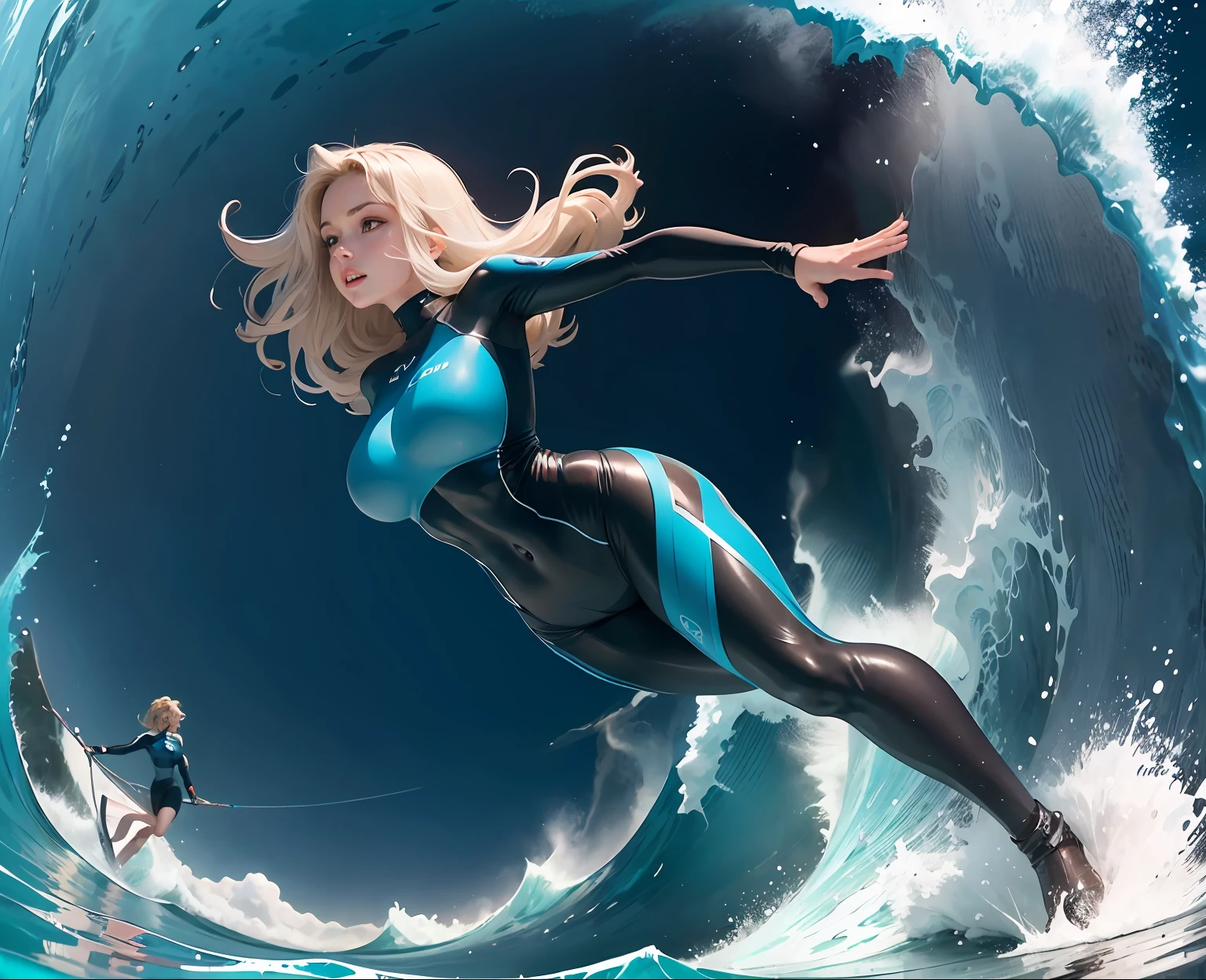 Ride the perfect waves,Surfers glide gracefully across the water,Her body is gracefully positioned,A beautiful woman,Wear sexy tights,The costume is a combination of long-sleeved rash shields and shorts,Glide through huge blue waves,Capture the excitement and freedom of the moment, photography of,using a wide angle lens(24mm),