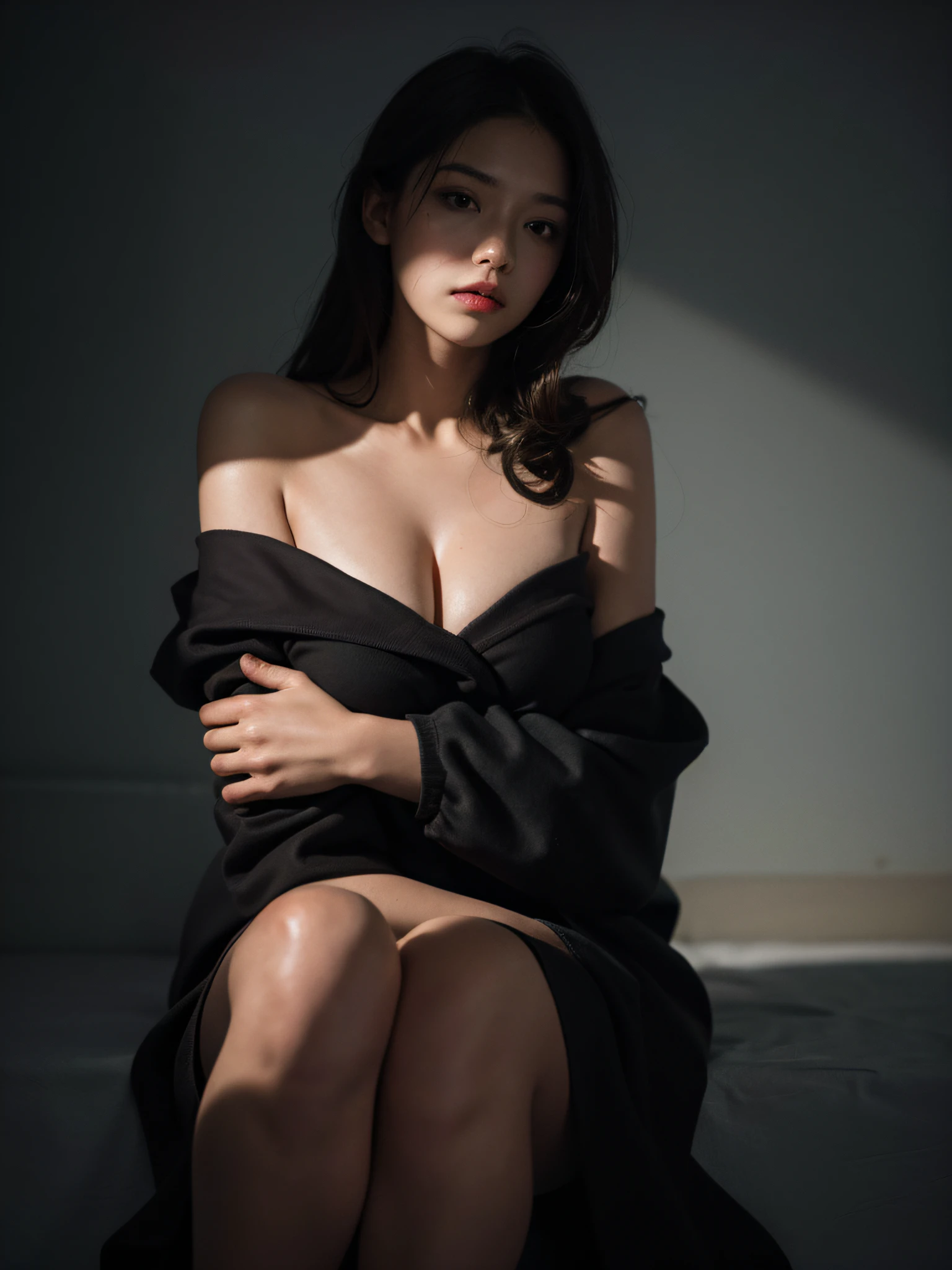 Best quality, masterpiece, ultra high res, (photorealistic:1.4), raw photo, 1girl, offshoulder, in the dark, deep shadow, low key, cold light